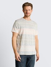 T-Shirt mit Inside-Out Streifenmuster - rose teal multi color stripe - Ausschnitt Model-Vorderansicht