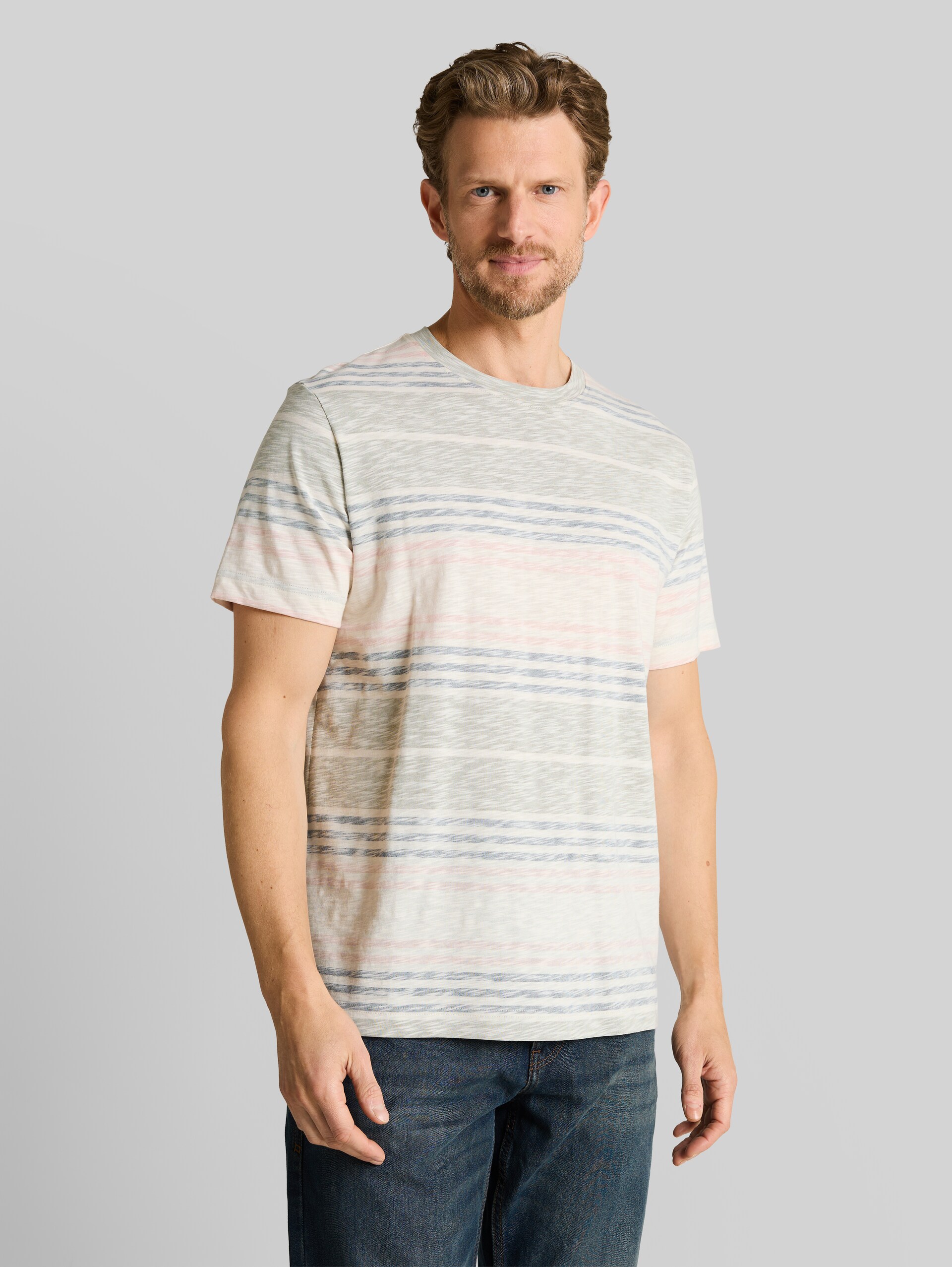 T-shirt with inside-out stripe pattern - rose teal multi color stripe - Neckline model front view
