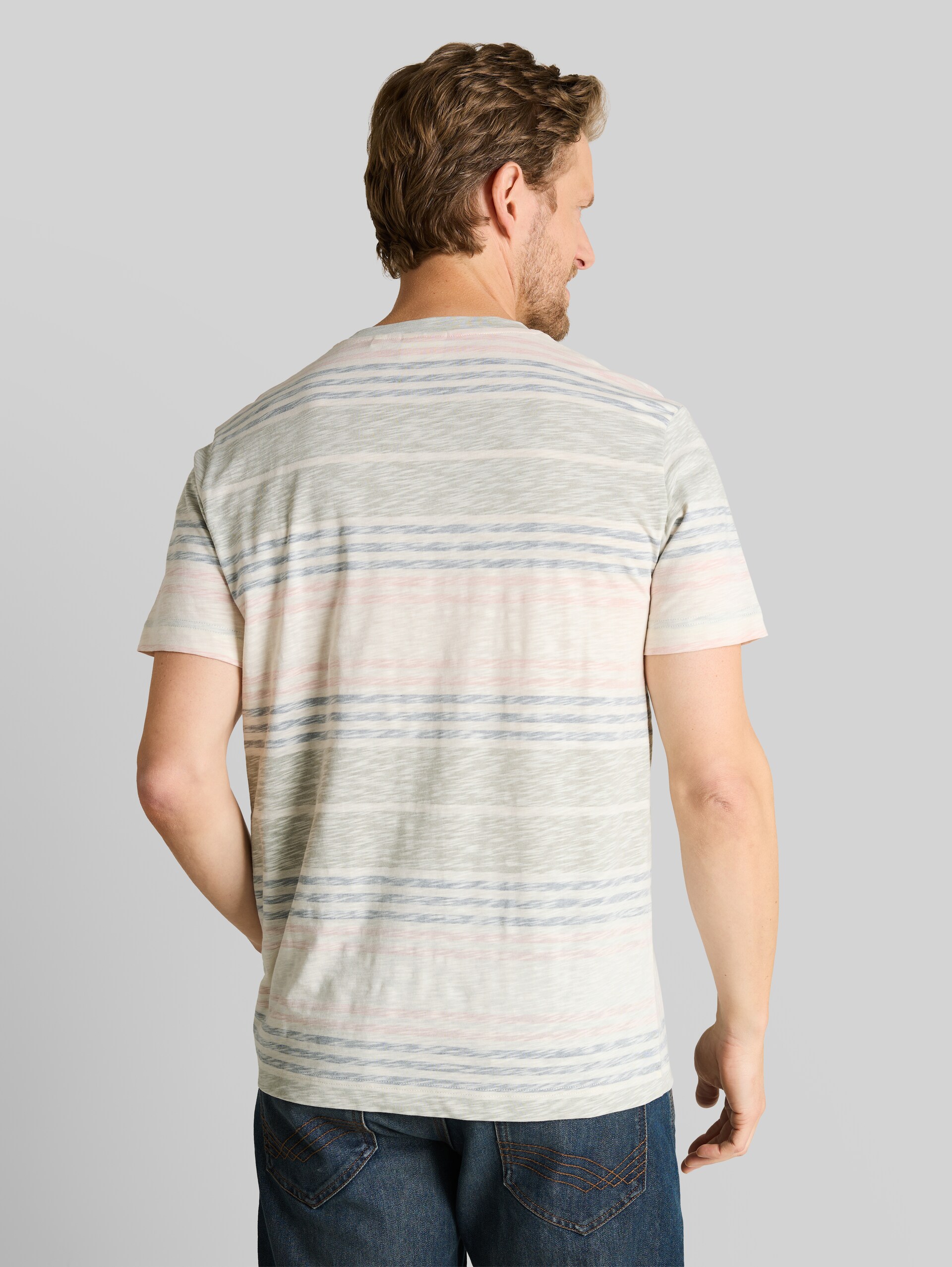 T-shirt with inside-out stripe pattern - rose teal multi color stripe - Neckline model-back view
