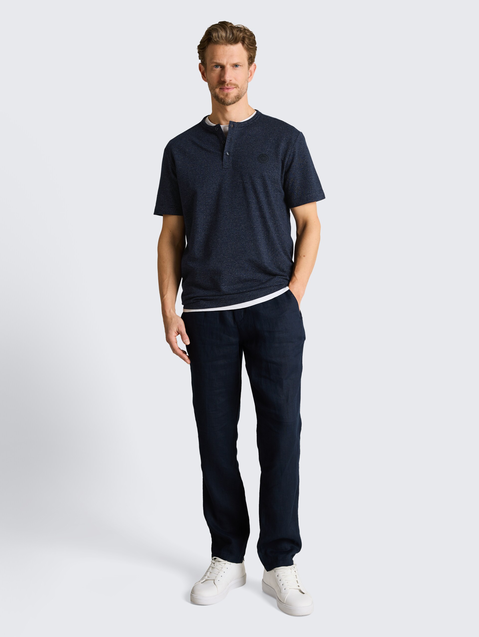 Henley T-shirt in melange look - white navy inject stripe - Model front view
