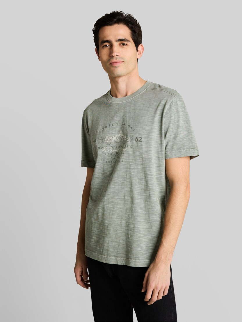 T-shirt in melange look met print door Men, Greyish Shadow Olive