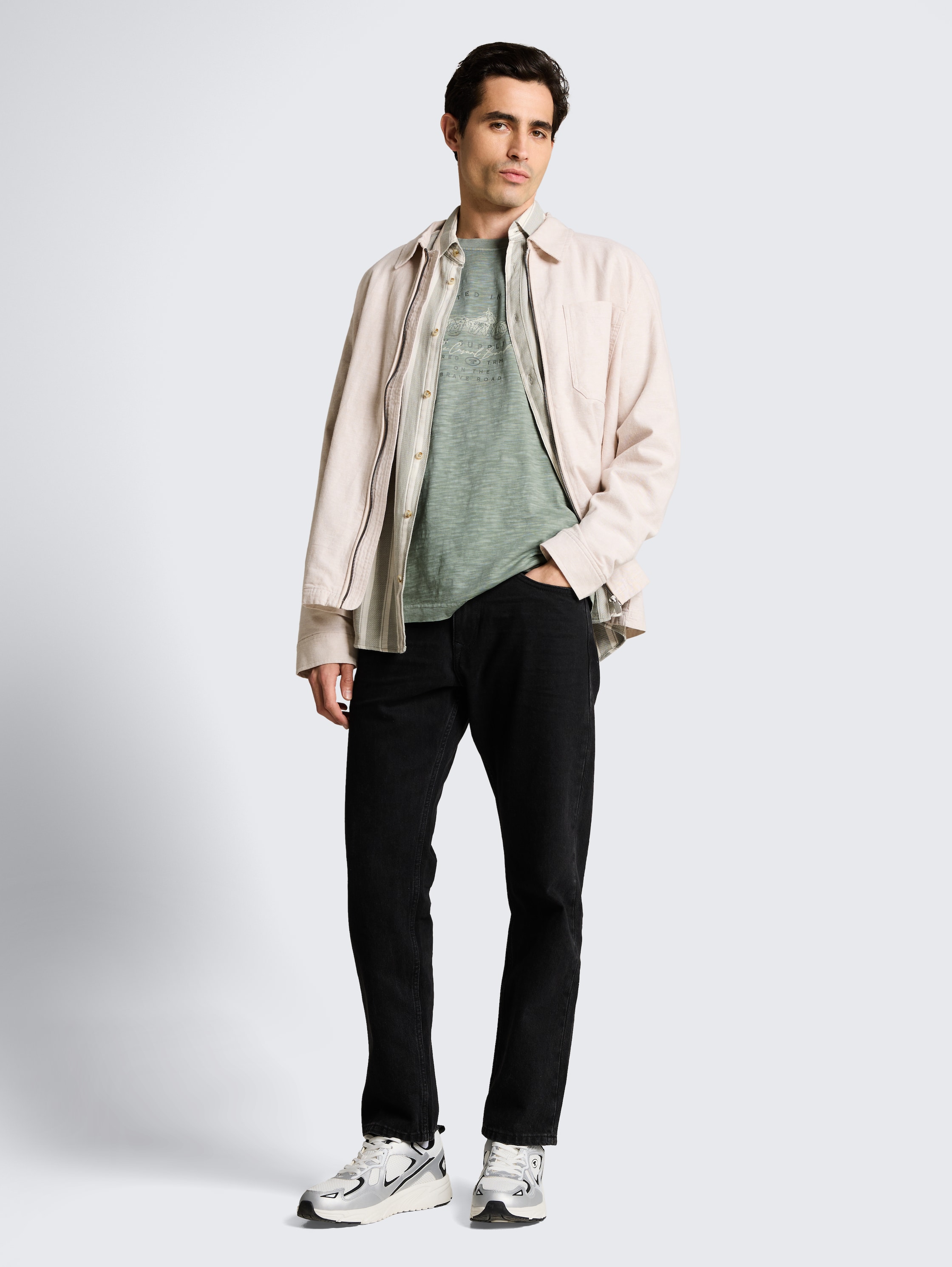 T-shirt aspect chiné avec imprimé - Greyish Shadow Olive - Vue de face du modèle