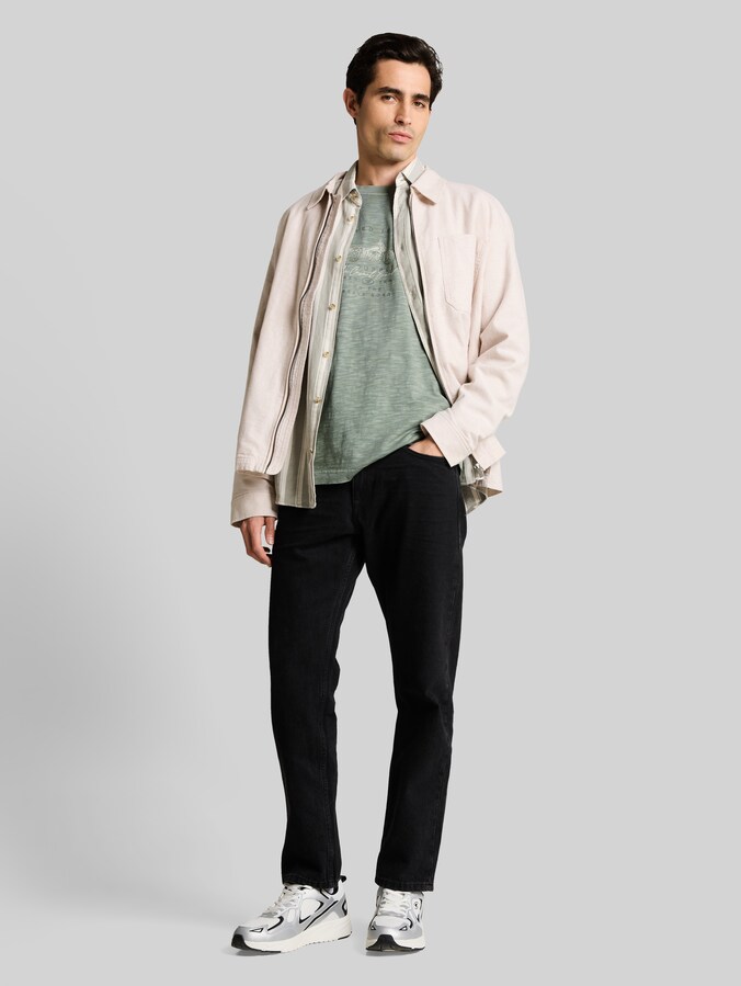 T-shirt in melange look with print by Men, Greyish Shadow Olive