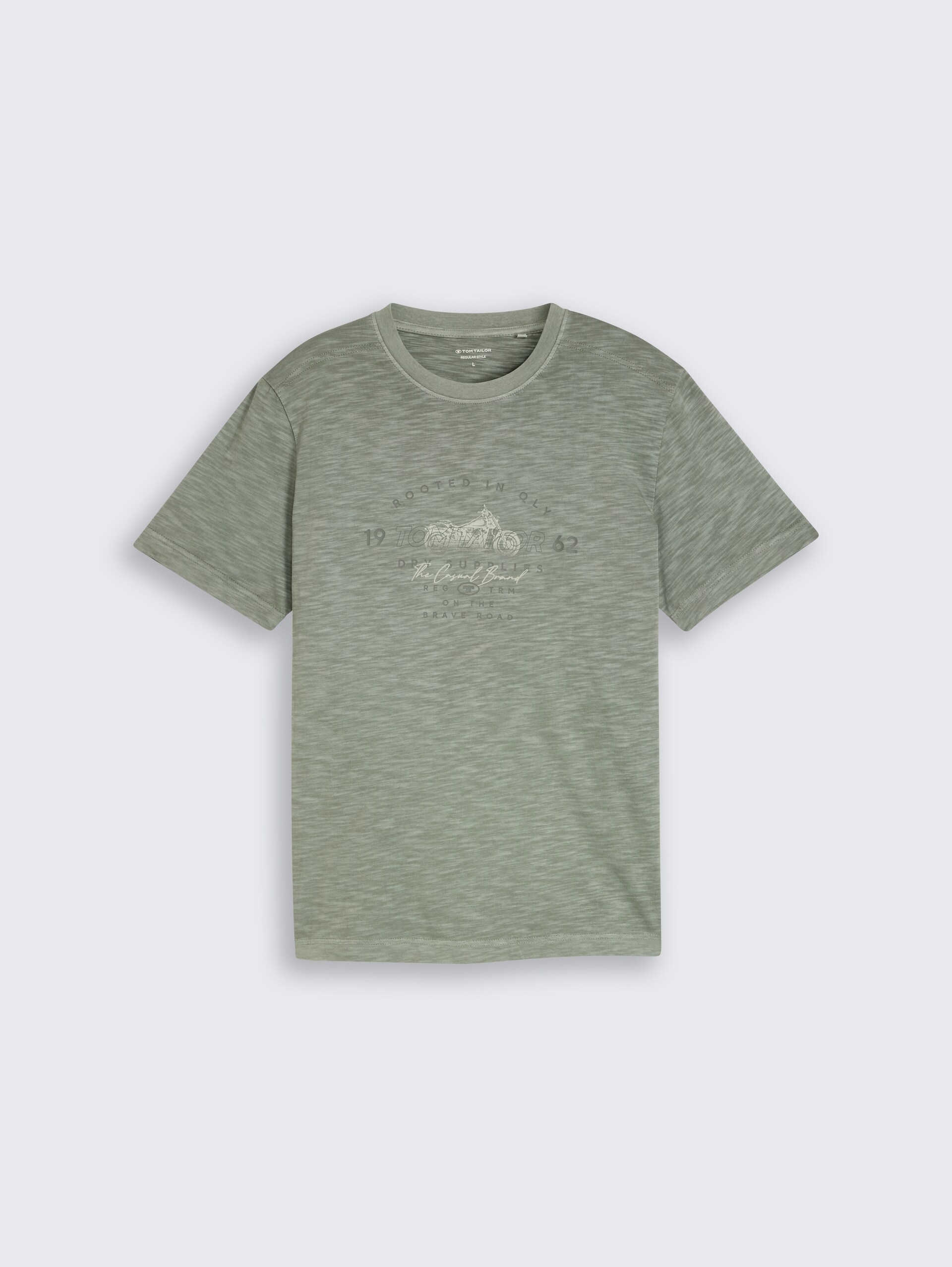 T-shirt in gemêleerde look met print - Greyish Shadow Olive - Product vooraanzicht