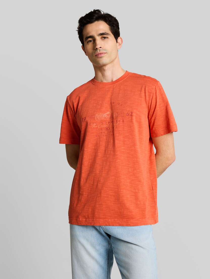T-Shirt in Melange-Optik mit Print von Men, Chili Orange