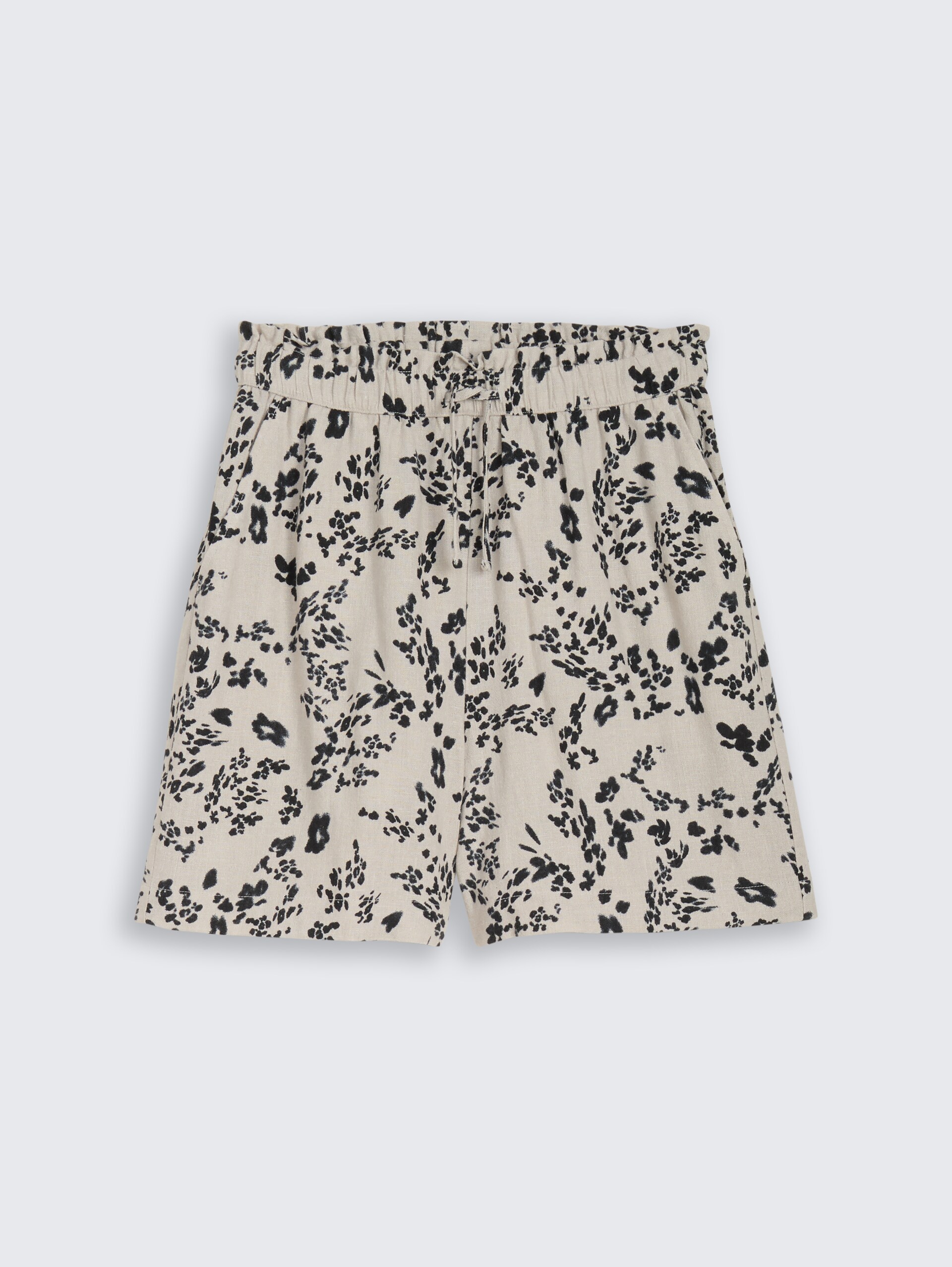 Loose-fit shorts with linen blend - beige black flower print - Front product view