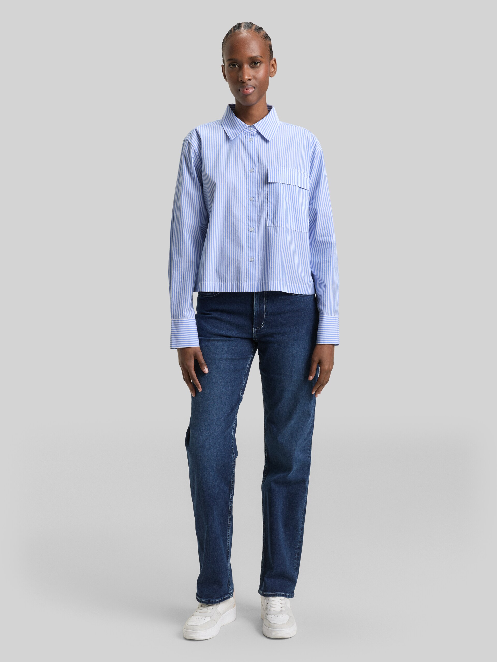 Boxy fit cotton shirt blouse - blue white strripe - Model front view