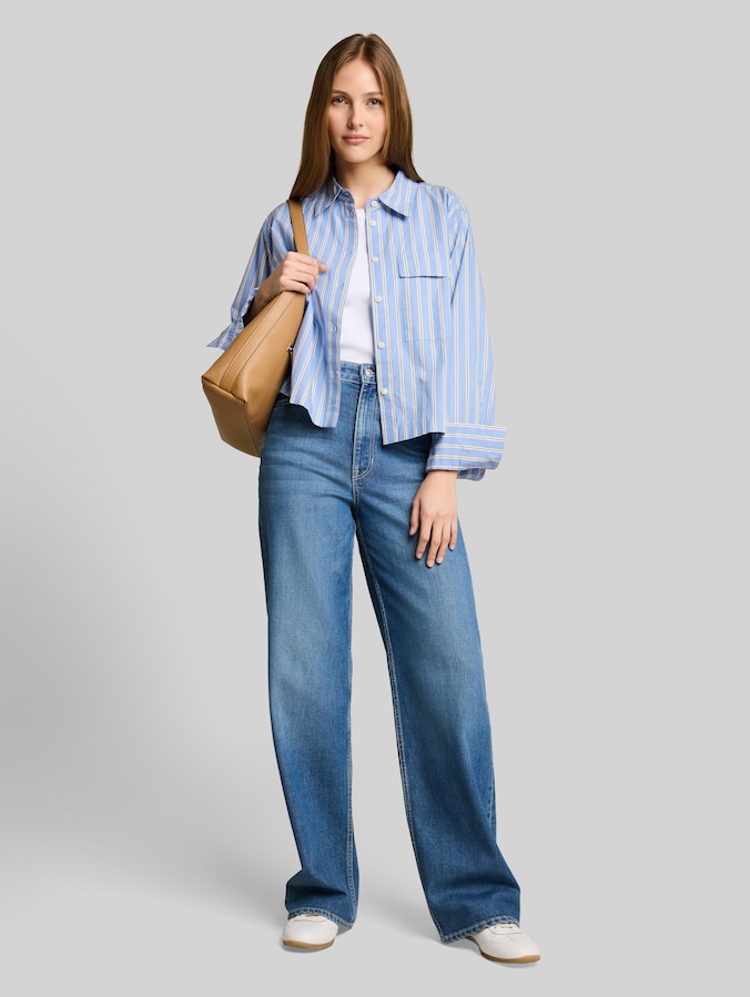 Boxy Fit Hemdbluse aus Baumwolle von Denim Female, blue white vertical stripe
