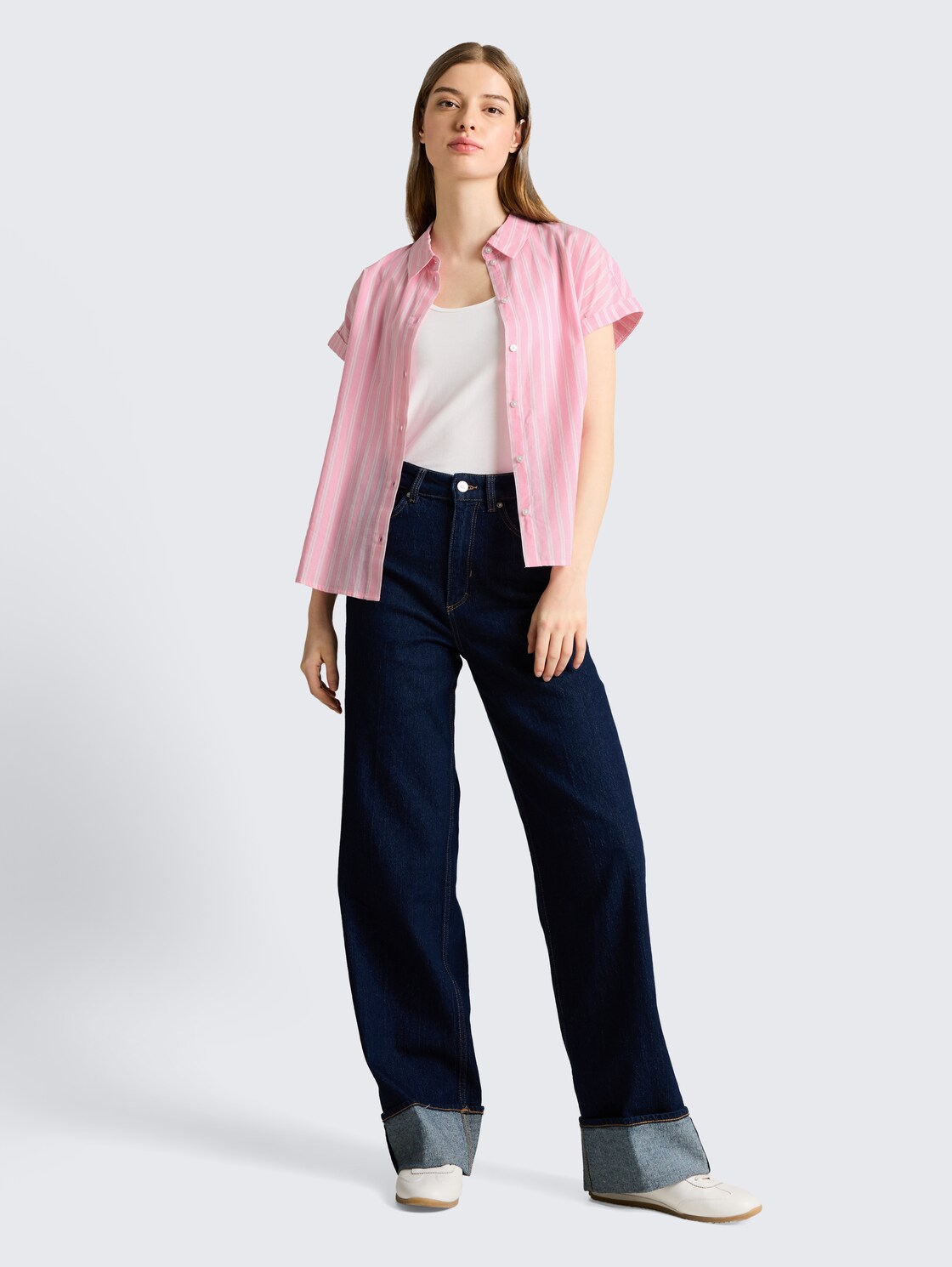 Bluse mit Streifenmuster - blush pink stripe - Model-Vorderansicht