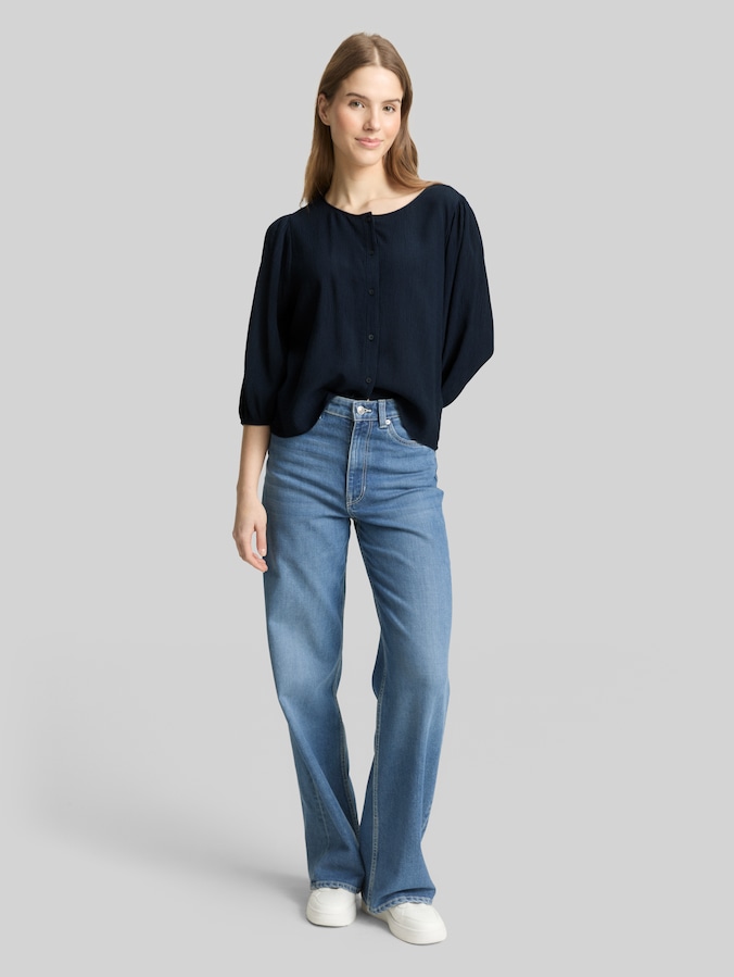 Crinkle blouse met knoopsluiting door Denim Female, sky captain blue