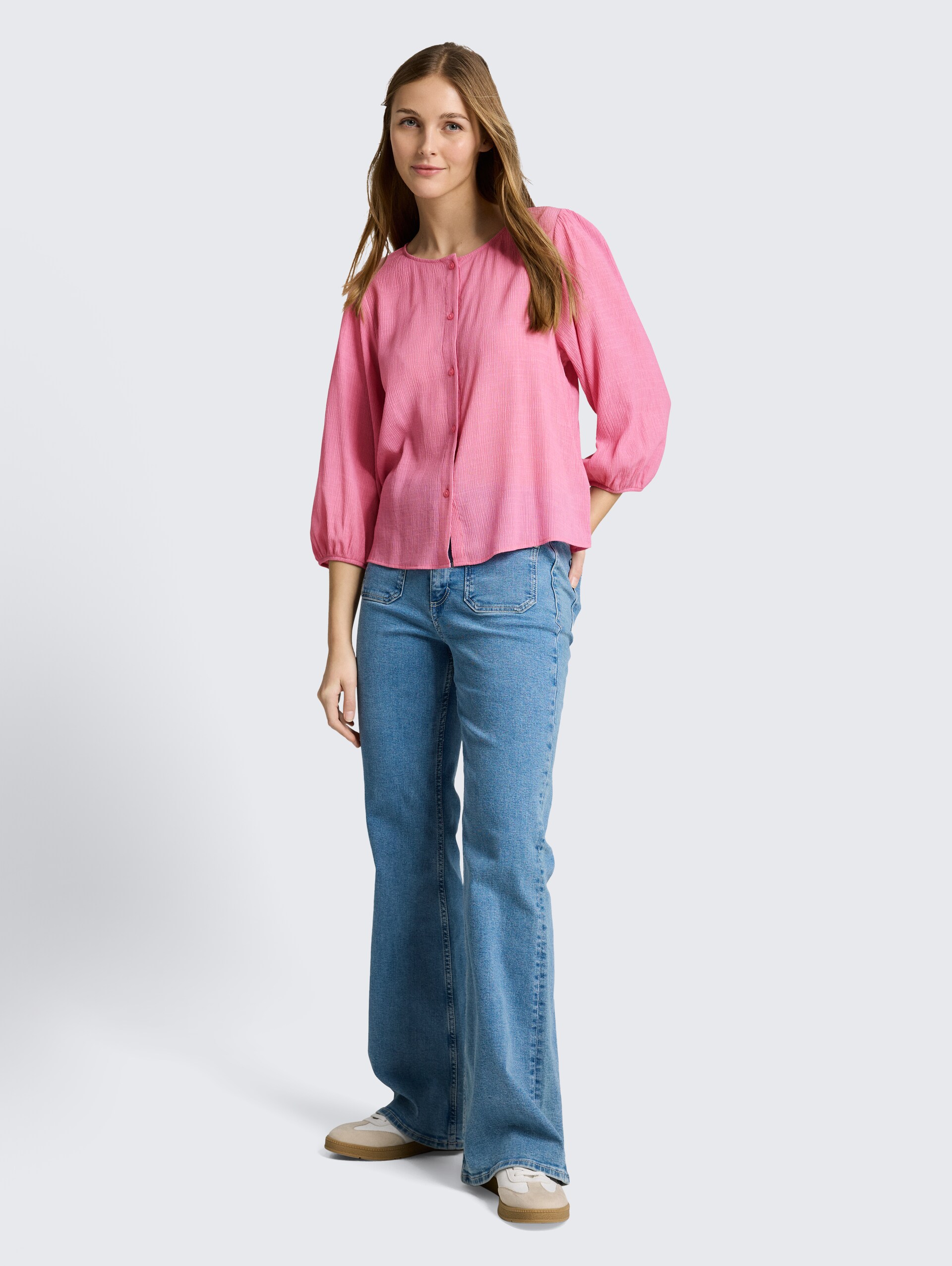 Crinkle Bluse mit Knopfleiste - Soft Blush Rose - Model-Vorderansicht