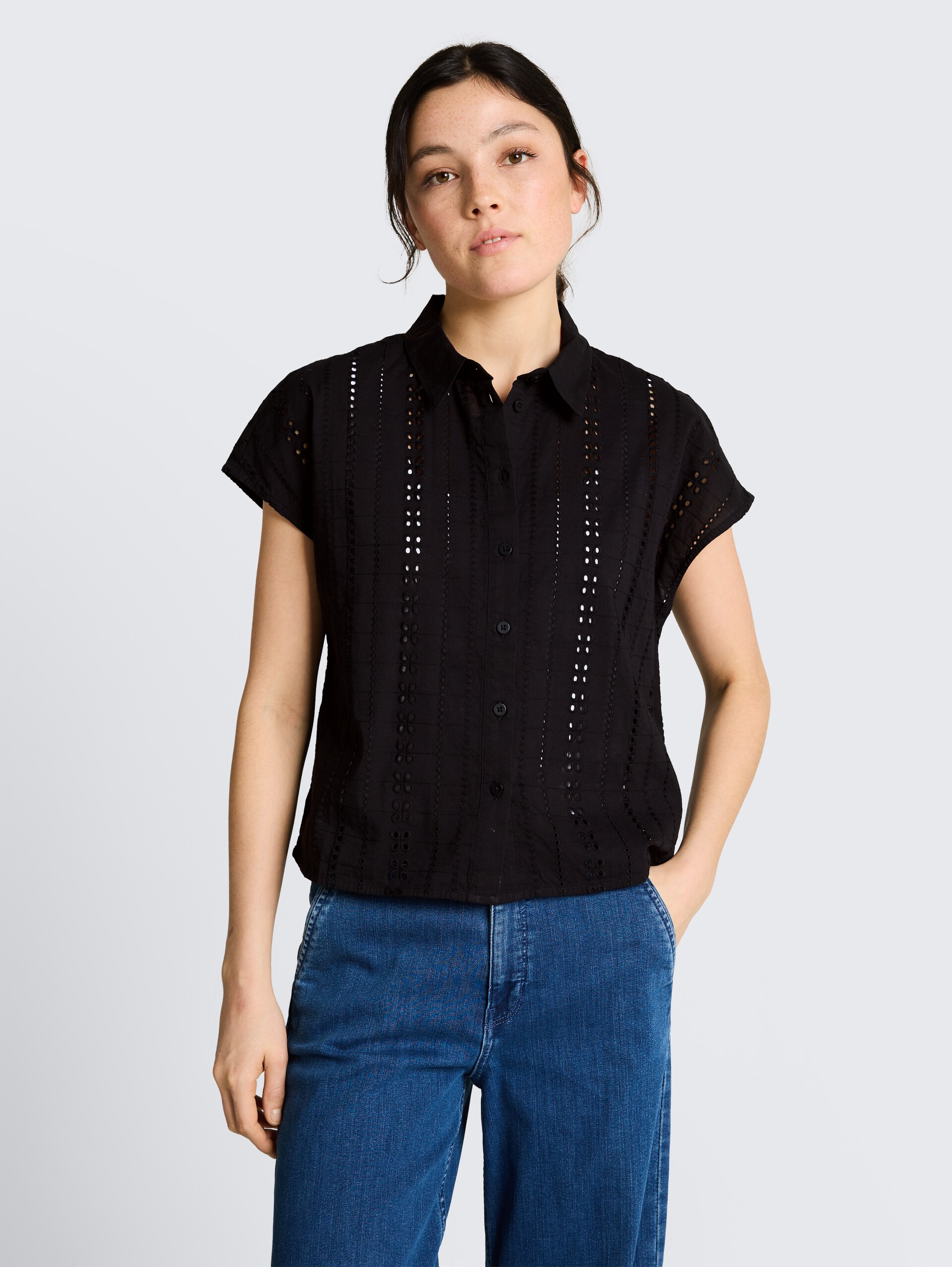Blouse with eyelet embroidery - deep black - Neckline model front view