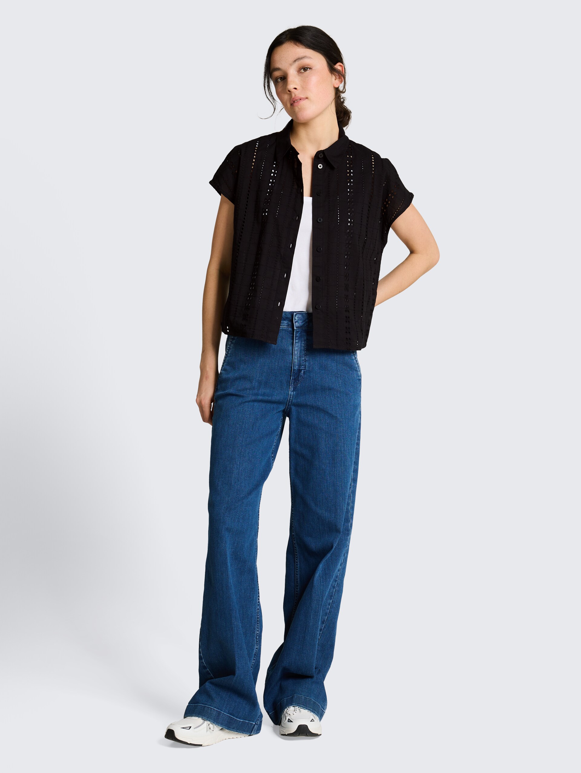 Blouse with eyelet embroidery - deep black - Model front view