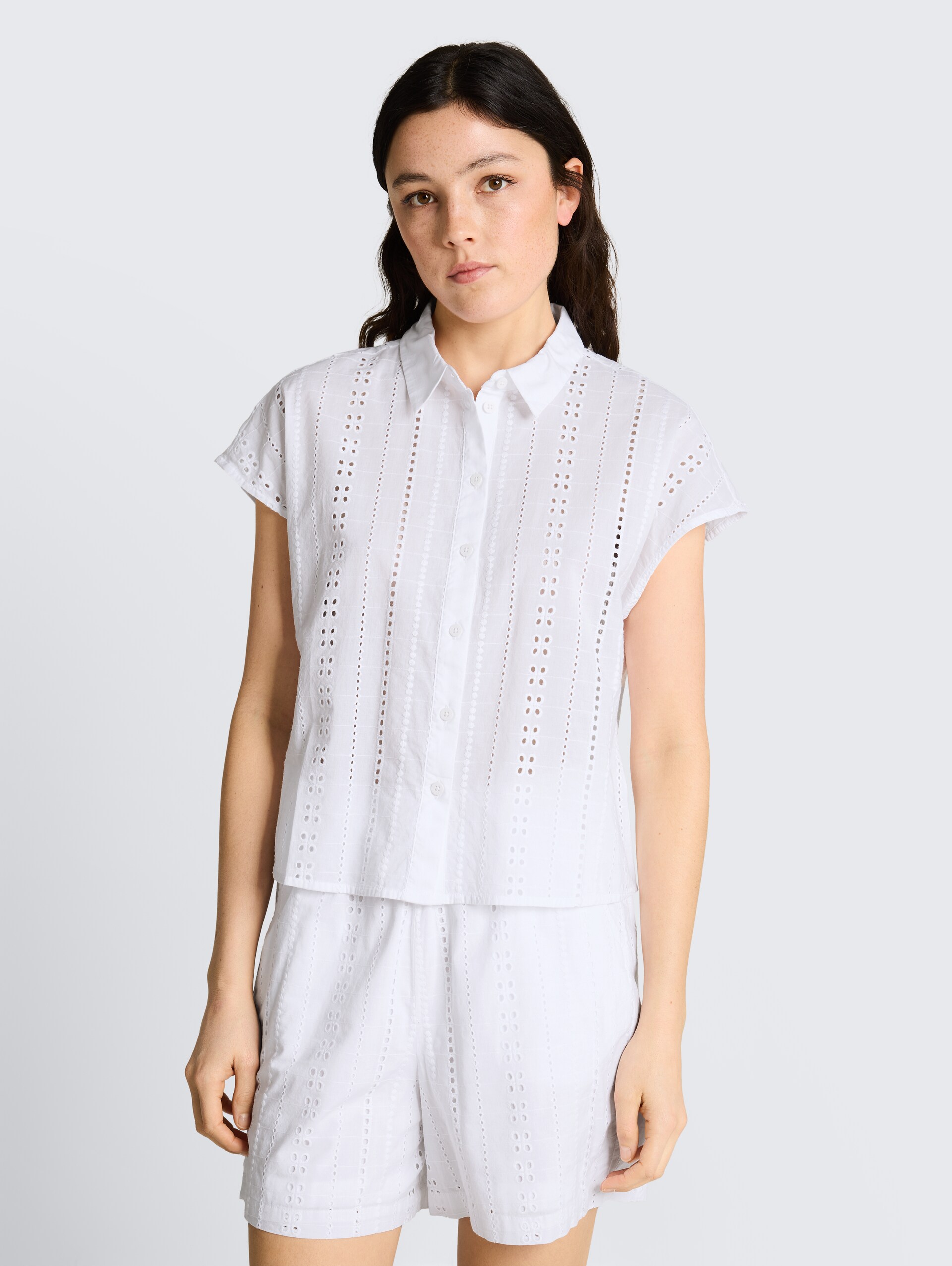 Blouse with eyelet embroidery - White - Neckline model front view
