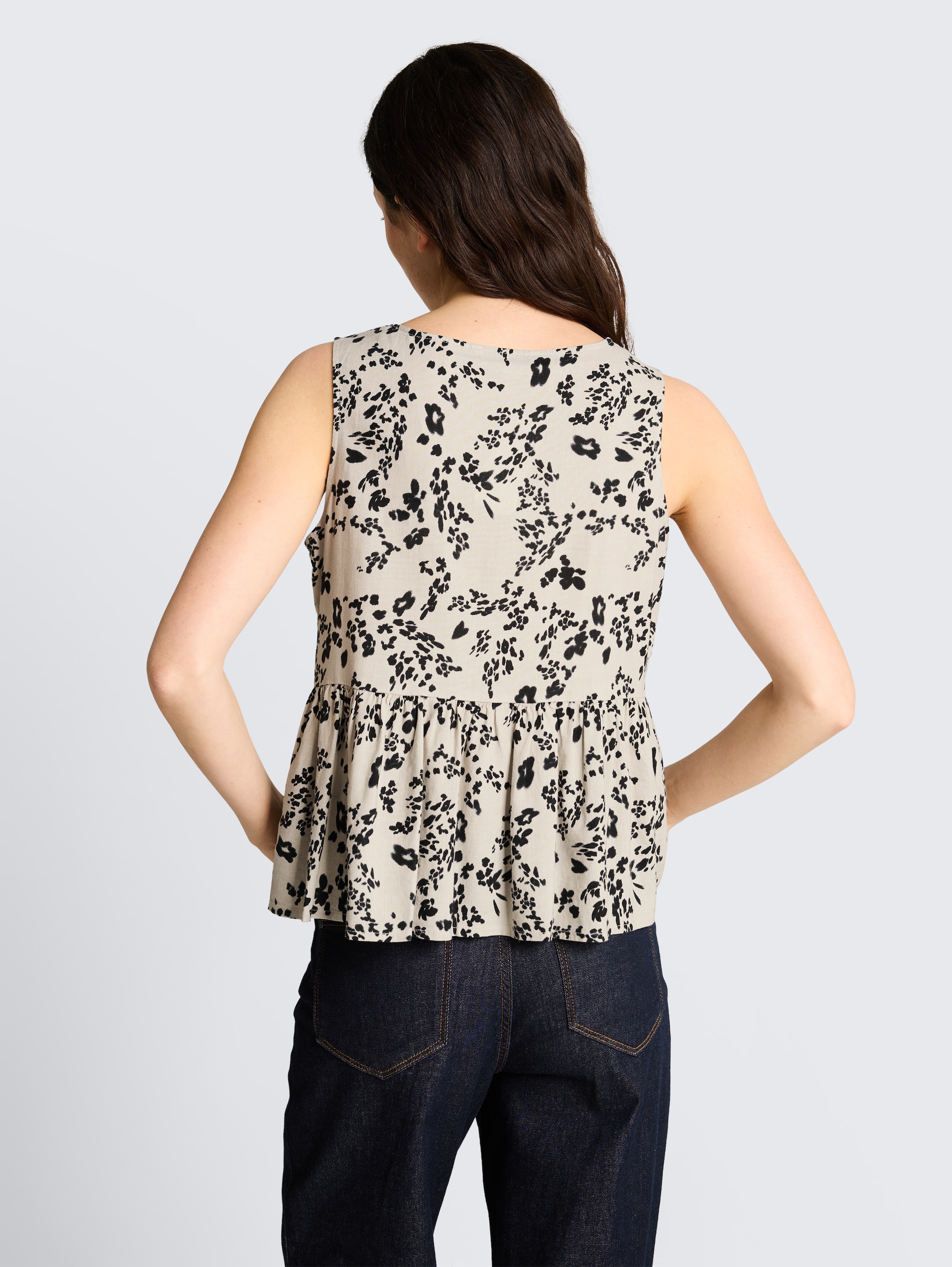 Blouse top with linen blend - beige_black_flower_print - 