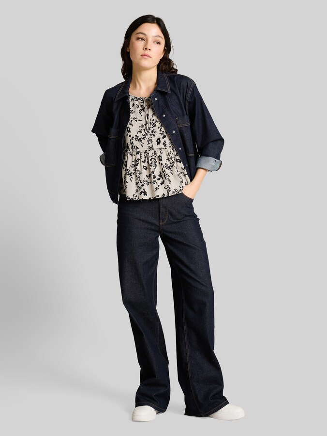 Blusentop mit Leinenanteil von Denim Female, beige black flower print