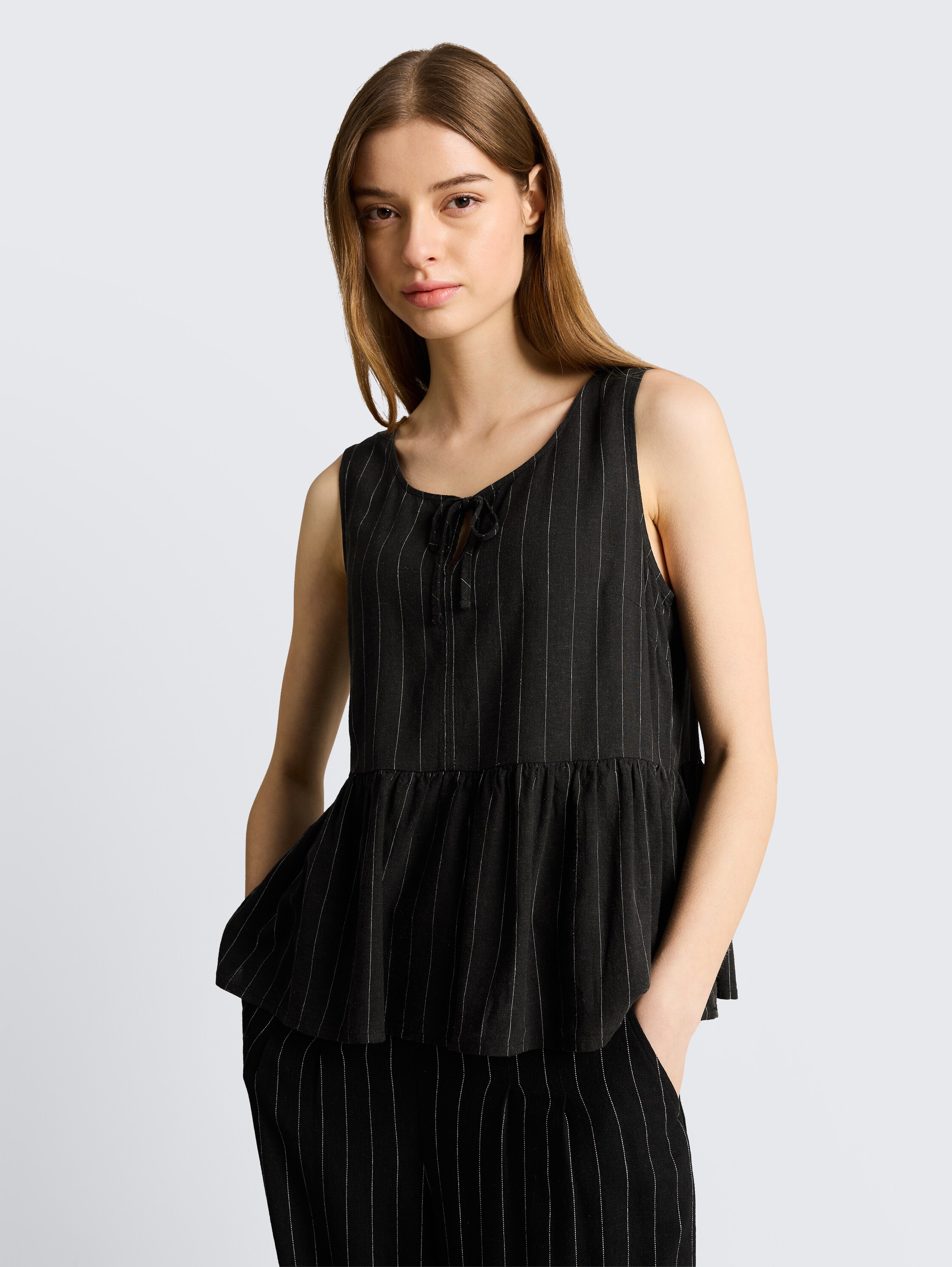 Blouse top with linen blend - black_beige_vertical_stripe - 