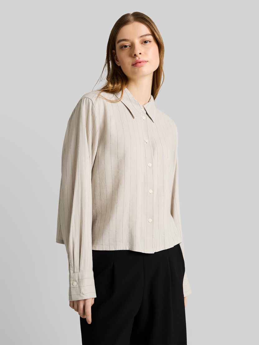 Boxy fit shirt blouse with bow detail by Denim Female, beige black vertical stripe