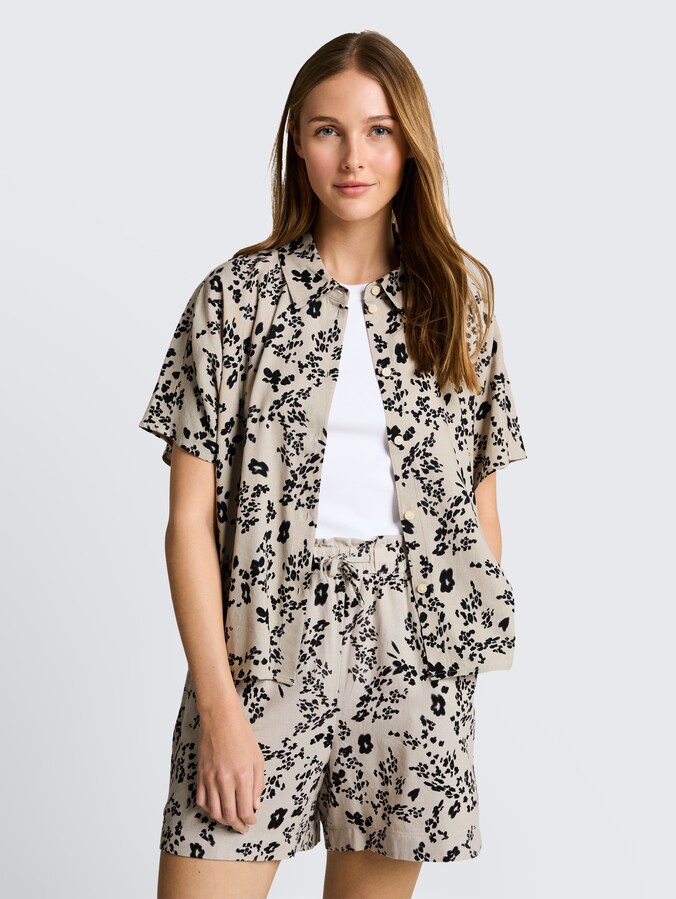 Boxy Fit blouse met linnen door Denim Female, beige black flower print