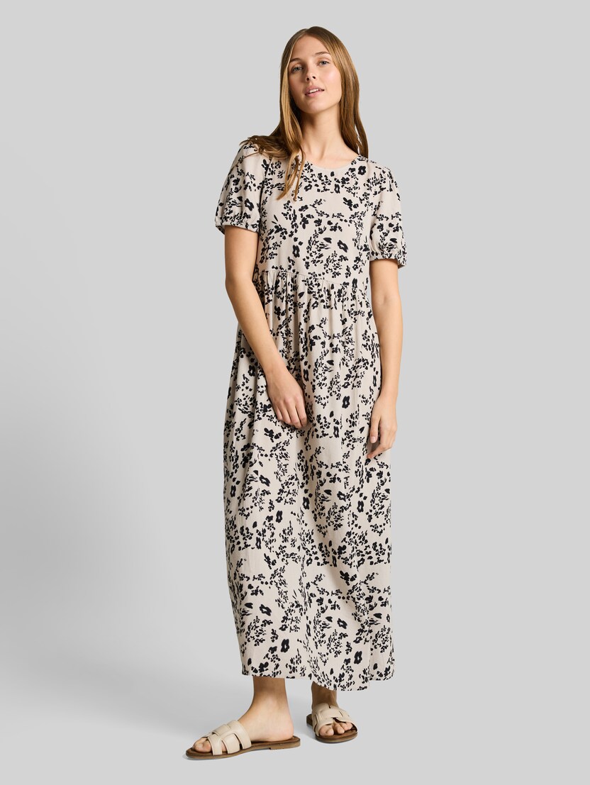 Midi-Kleid mit Leinenanteil von Denim Female, beige black flower print