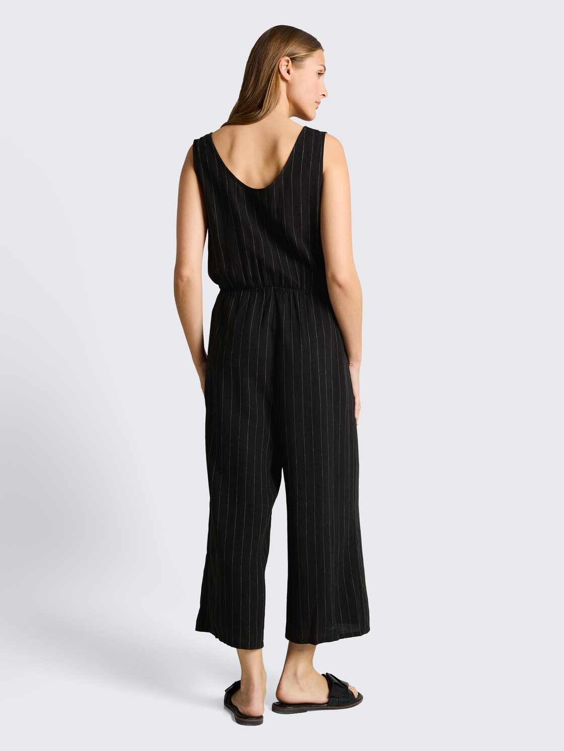 Jumpsuit with linen blend - black beige vertical stripe - Model-back view