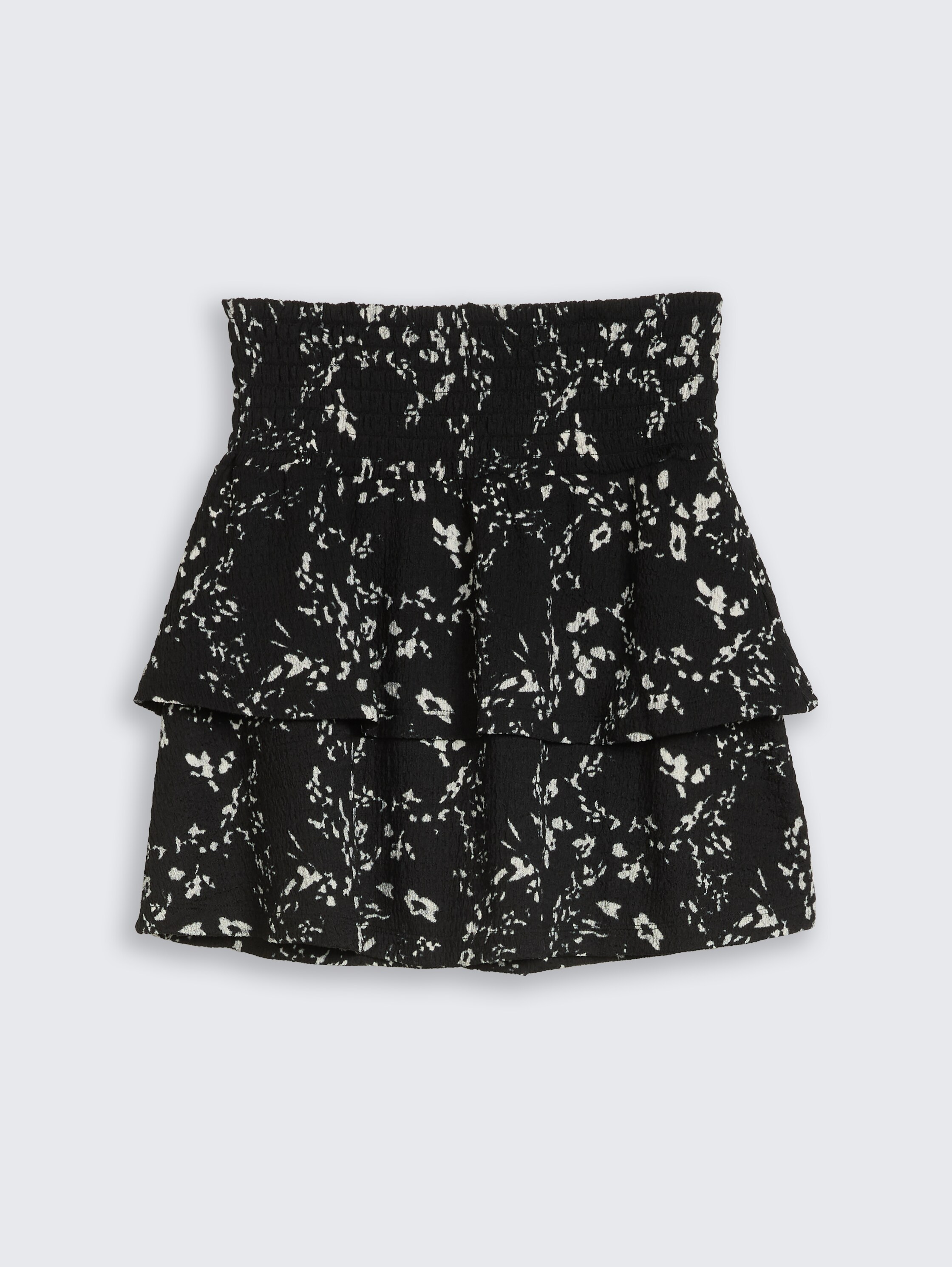Crinkle minirok met volants - black_white_flower_print - 