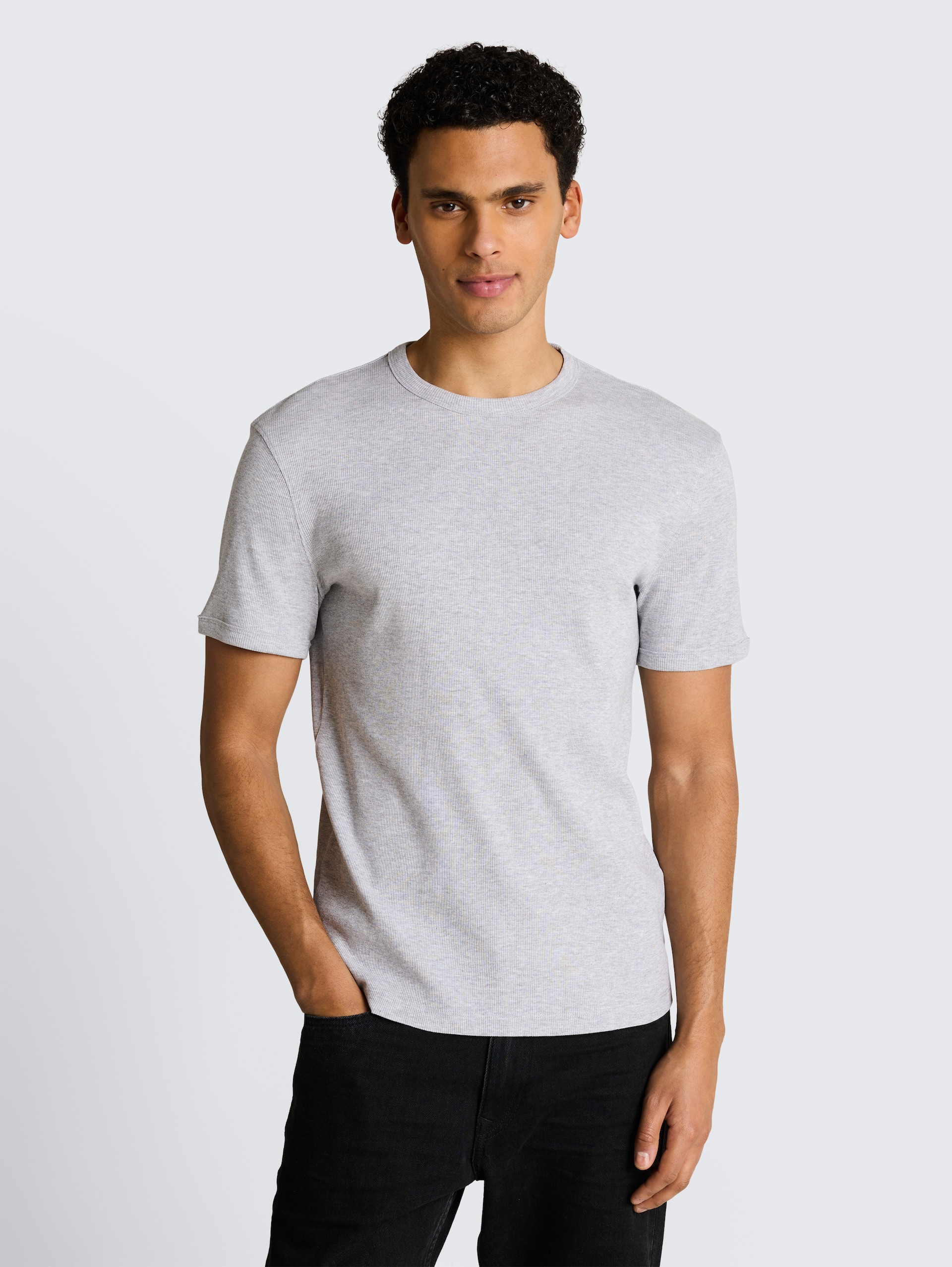 Slim fit T-shirt met ribbelstructuur - Light Stone Grey Melange - Nek model vooraanzicht