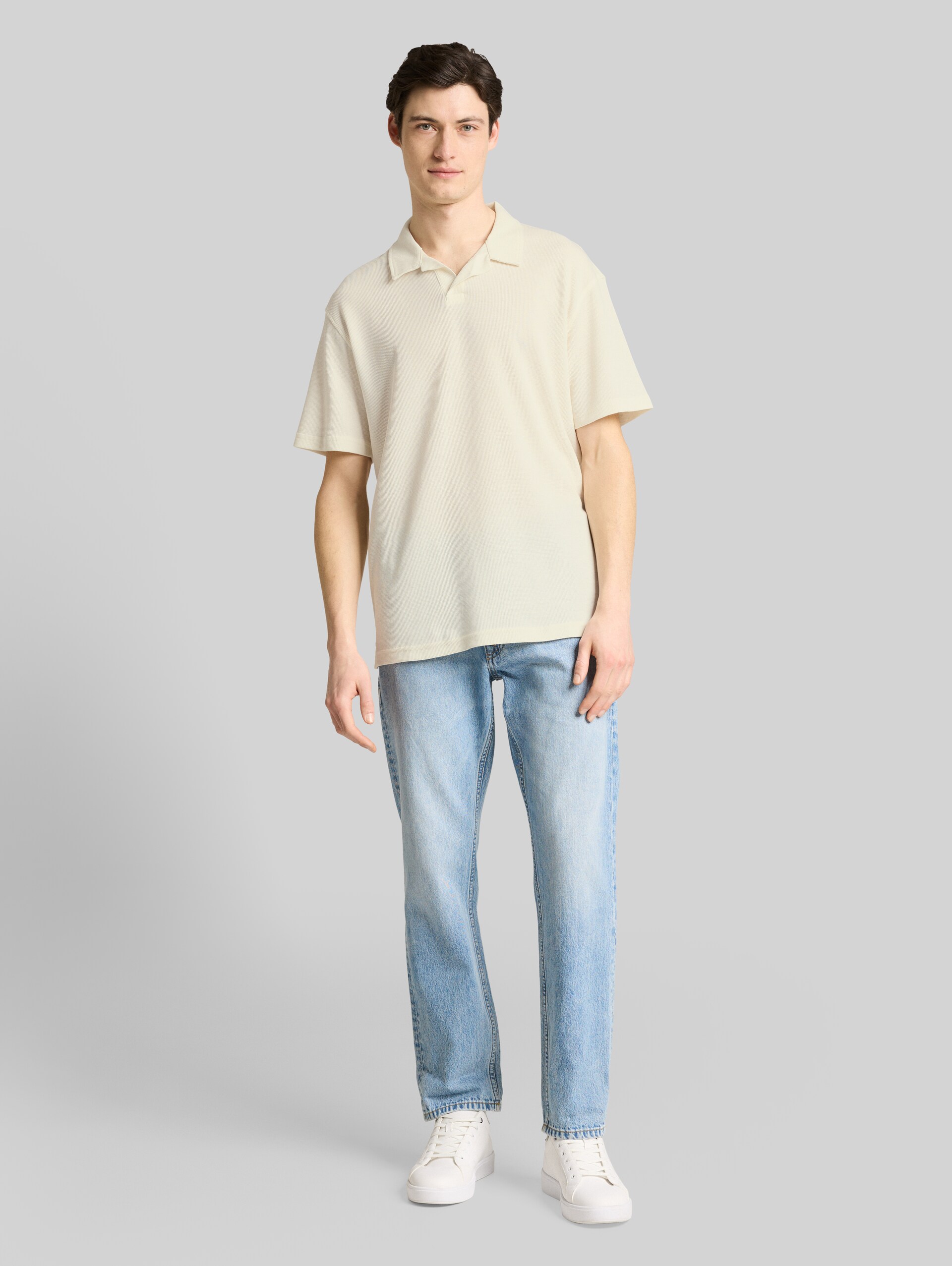 Relaxed Fit Resort Poloshirt mit Waffelstruktur - Wool White