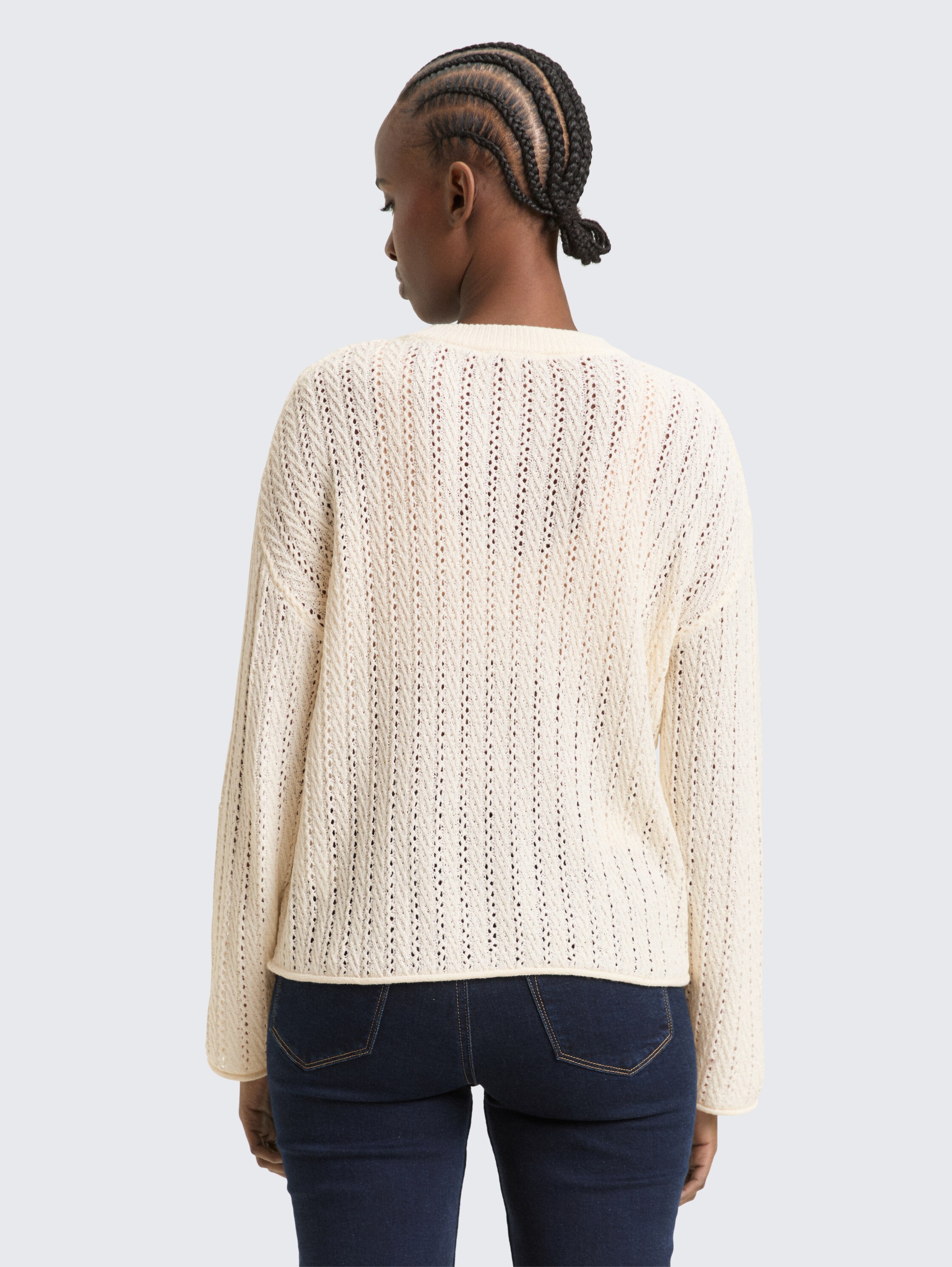Relaxed Fit Strickpullover mit Lochmuster - Gardenia White