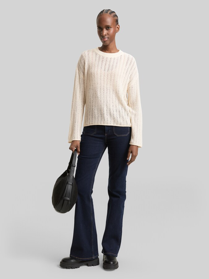 Relaxed Fit Strickpullover mit Lochmuster von Denim Female, Gardenia White