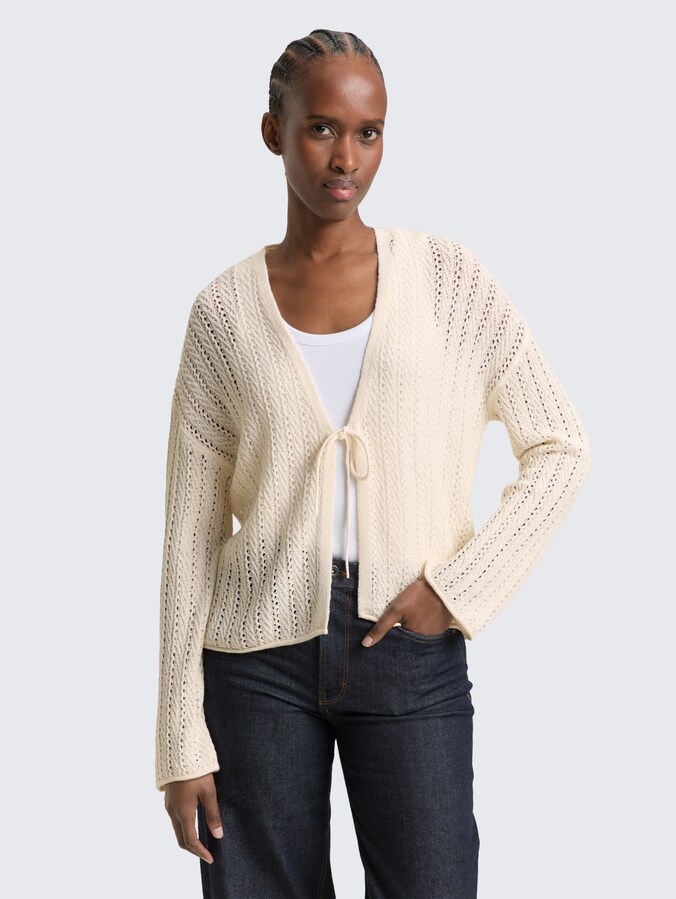 Relaxed fit cardigan with eyelet pattern by Denim Female, Gardenia White