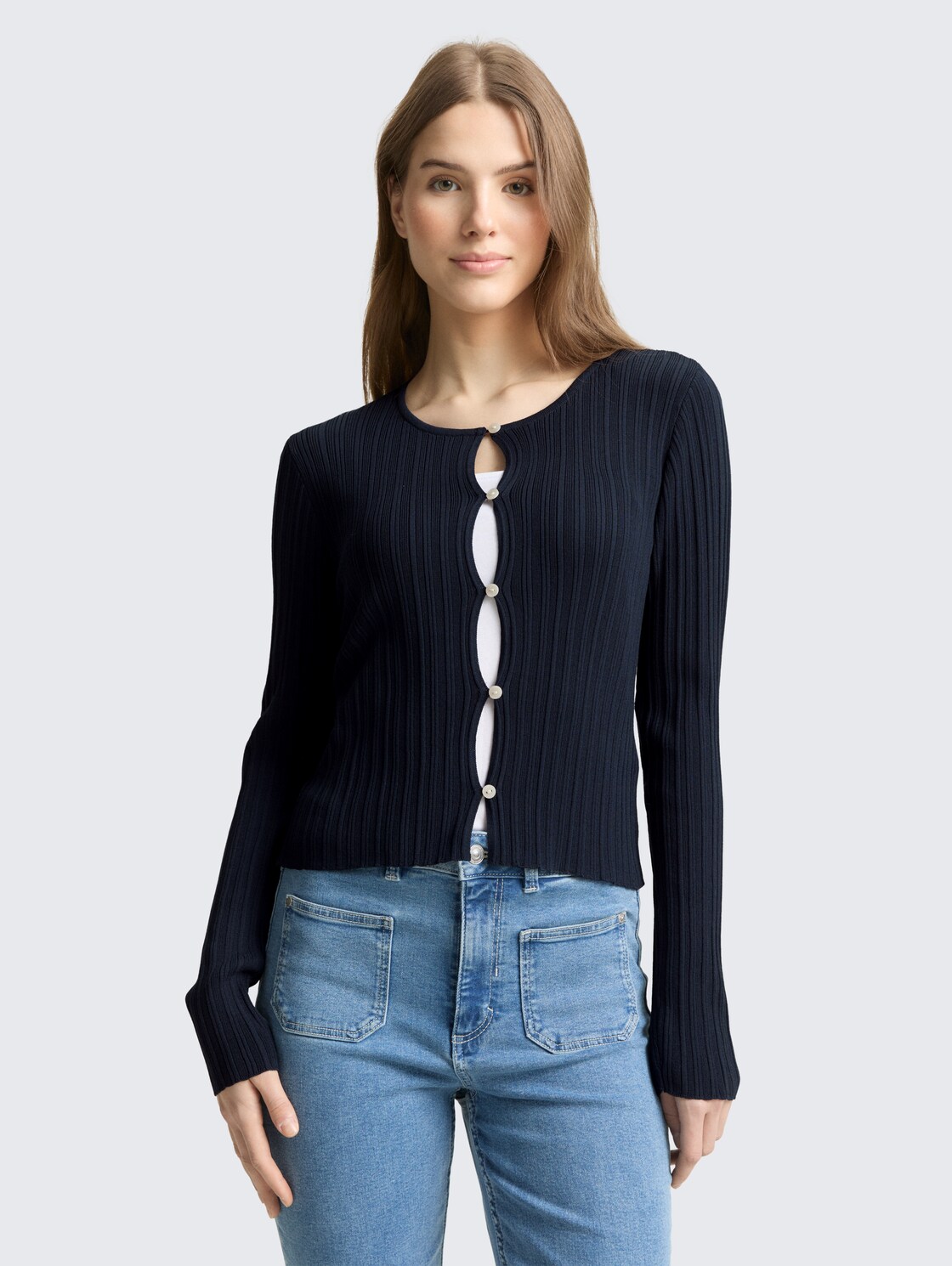 Cardigan mit Rippstruktur - sky captain blue - Ausschnitt Model-Vorderansicht