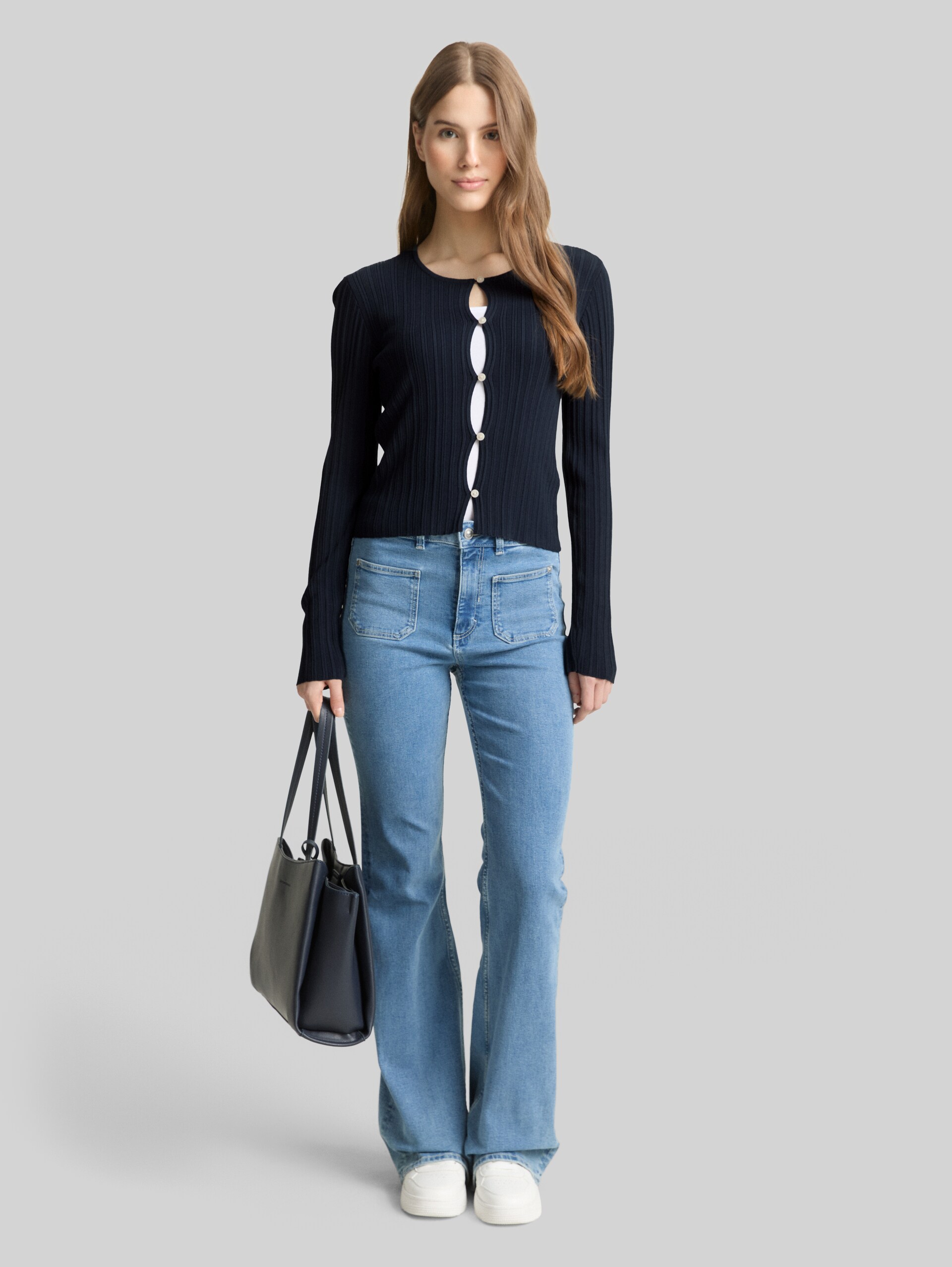Cardigan with ribbed structure - sky captain blue - Model front view