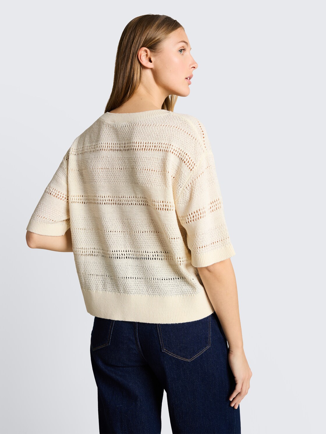 Relaxed Fit Strickpullover mit Lochmuster - Gardenia White