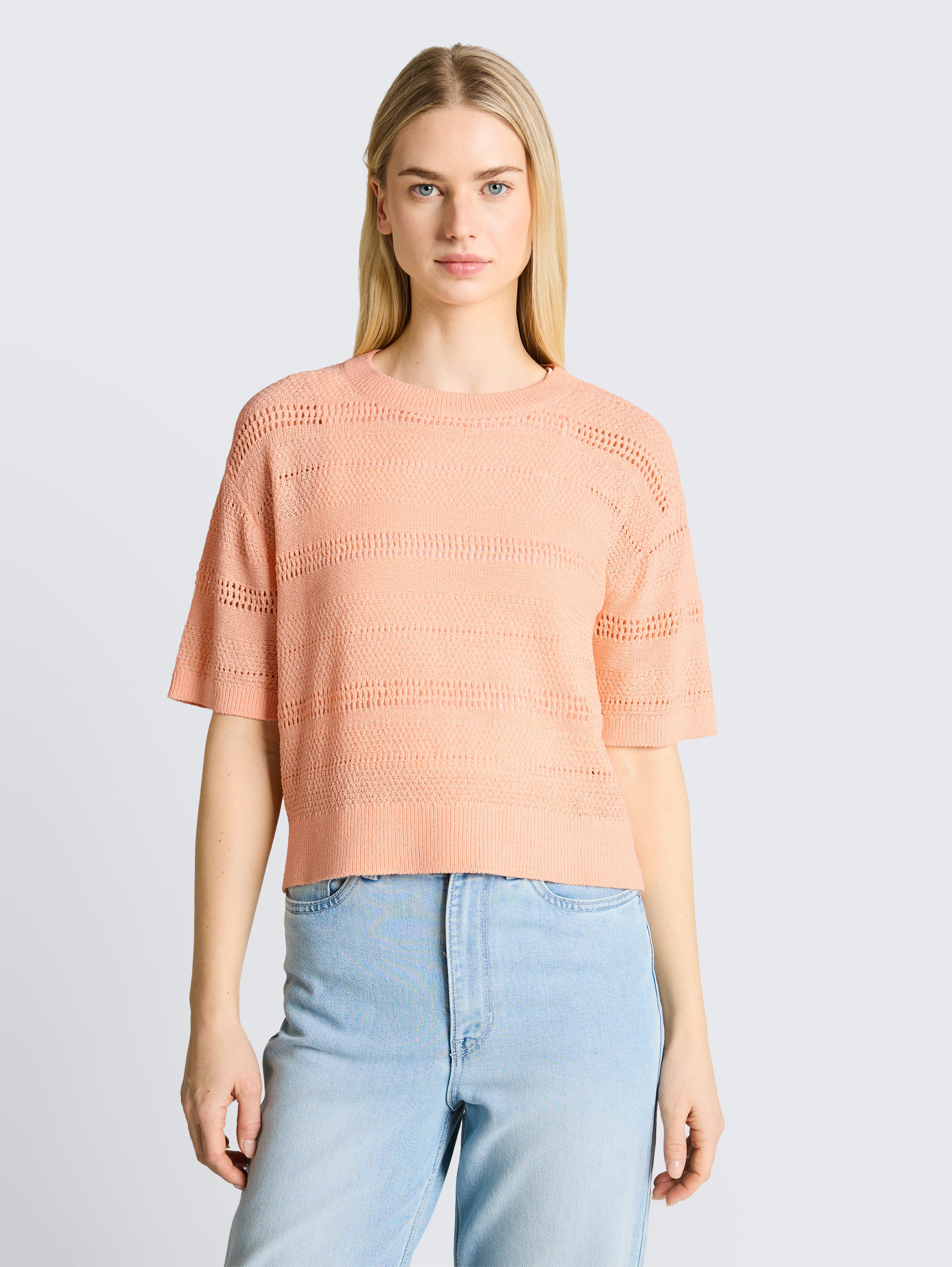 Relaxed Fit Strickpullover mit Lochmuster von Denim Female, Orange Parfait