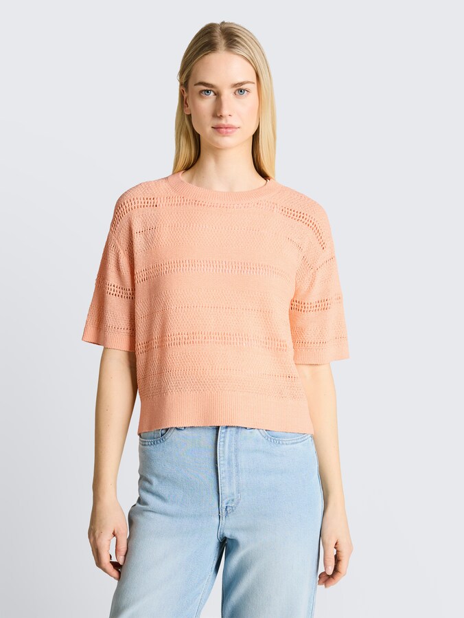 Relaxed fit knitted jumper with eyelet pattern by Denim Female, Orange Parfait
