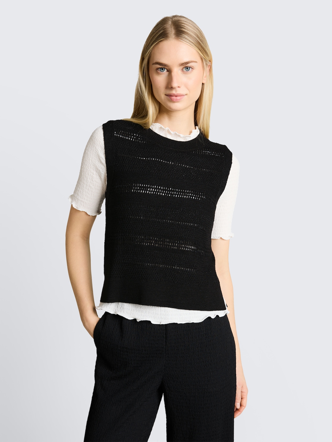 Sleeveless jumper with eyelet pattern - deep black - Neckline model front view