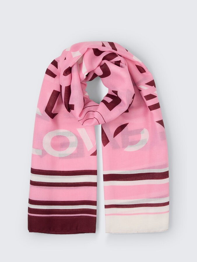 Scarf with lettering by Denim Female, red pink heart design