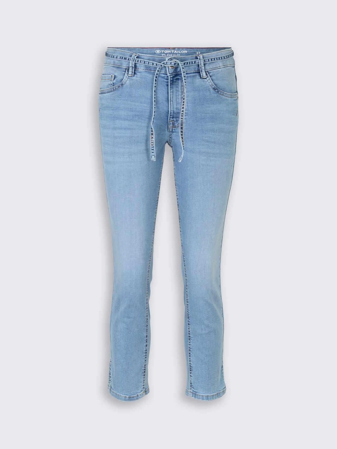 TTLENE SLIM CROPPED Stretch Jeans mit Bindegürtel - Clean Light Stone Blue Denim - Vorder-Produkt-Ansicht