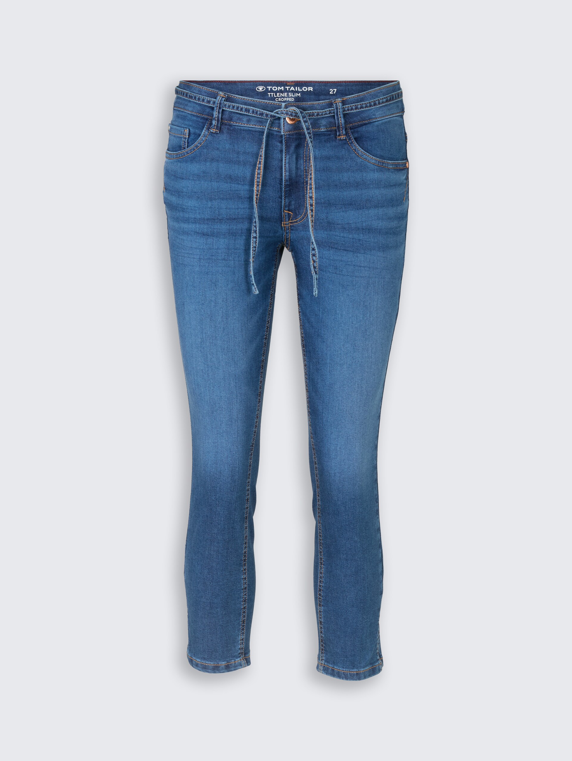 TTLENE SLIM CROPPED Stretch Jeans mit Bindegürtel - Clean Mid Stone Blue Denim - Vorder-Produkt-Ansicht