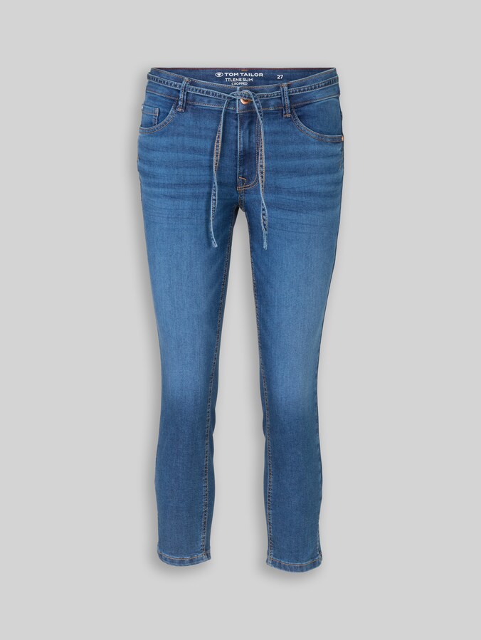 TTLENE SLIM CROPPED Stretch jeans with tie belt by Women, Clean Mid Stone Blue Denim