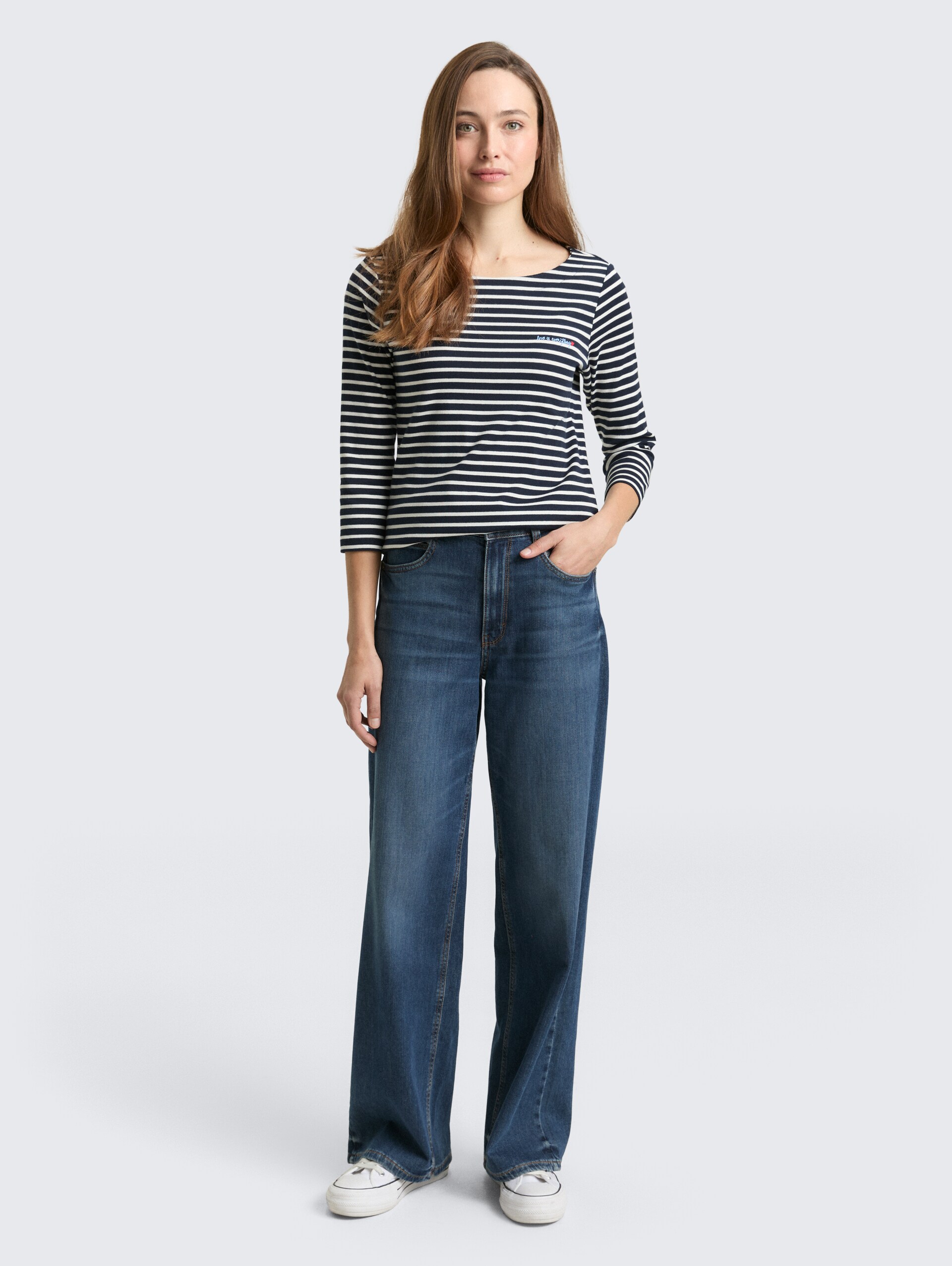 Langarmshirt mit Streifenmuster - navy blue offwhite stripe - Model-Vorderansicht