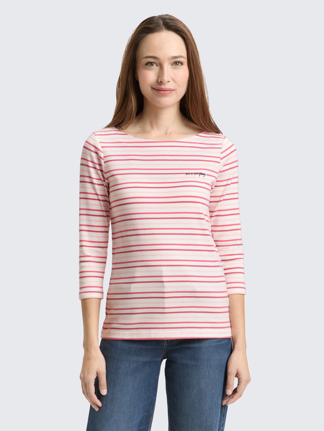 Langarmshirt mit Streifenmuster - red stripe - Ausschnitt Model-Vorderansicht
