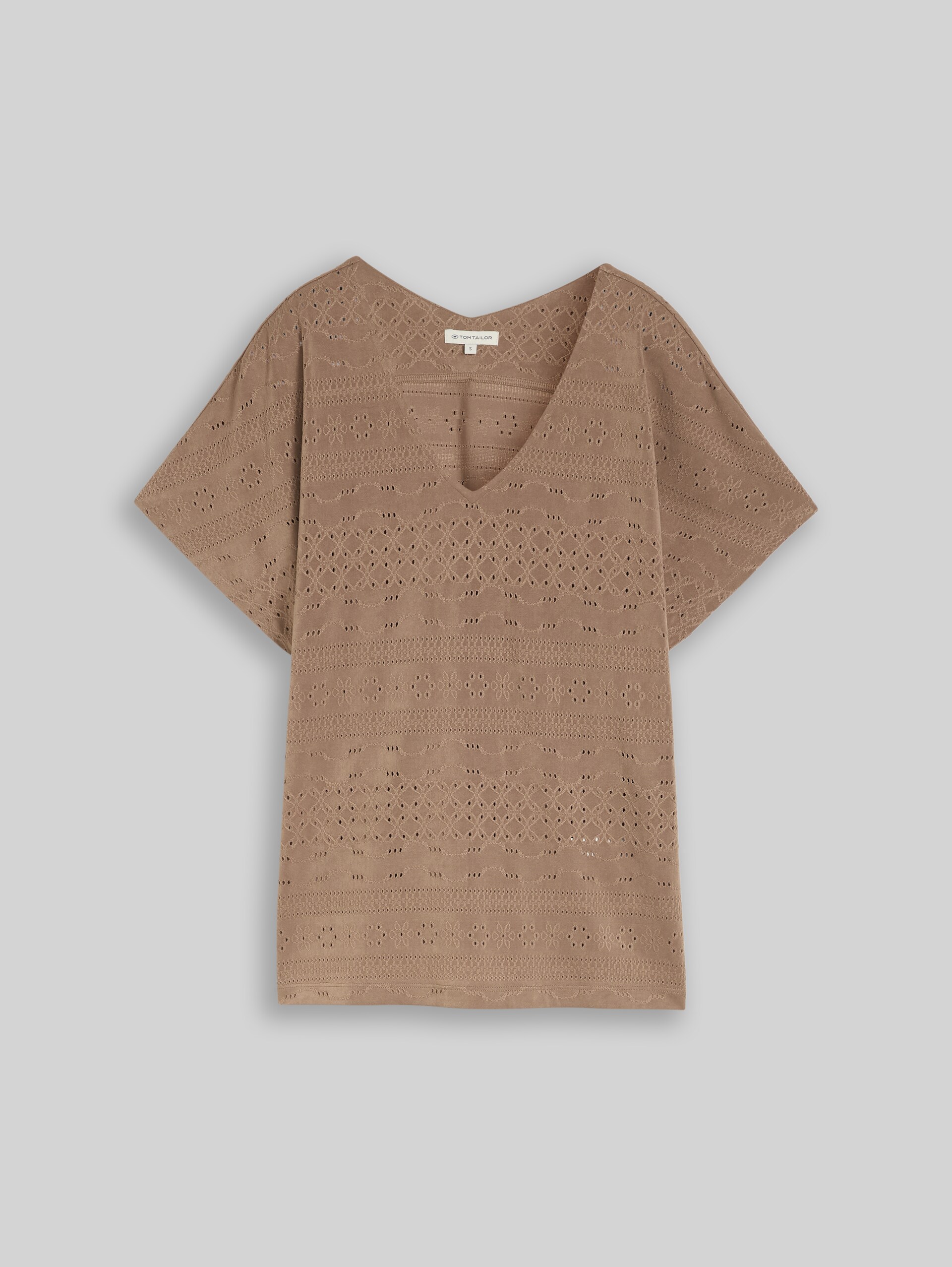 Loose fit ajour T-shirt - taupe grey - Front product view