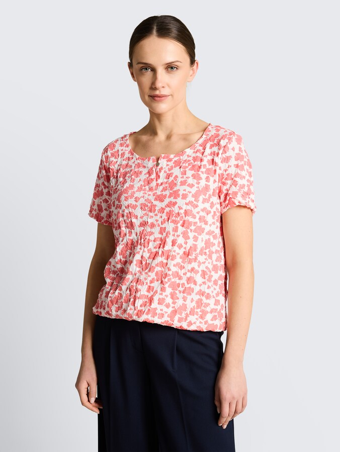 Crinkle T-shirt with pattern by Women, coral pink ginkgo minimal