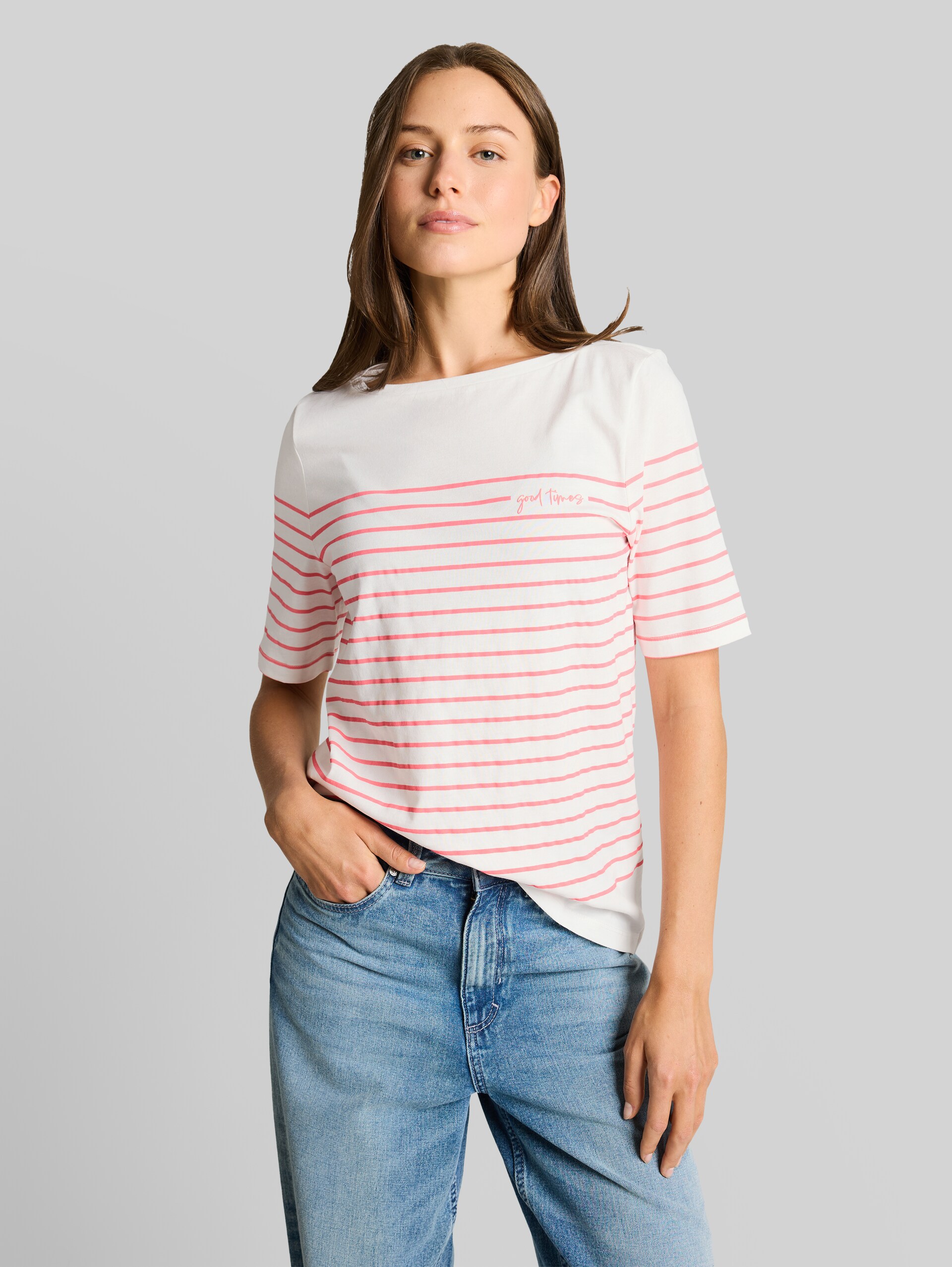 T-shirt with striped pattern - Whisper White - Neckline model front view