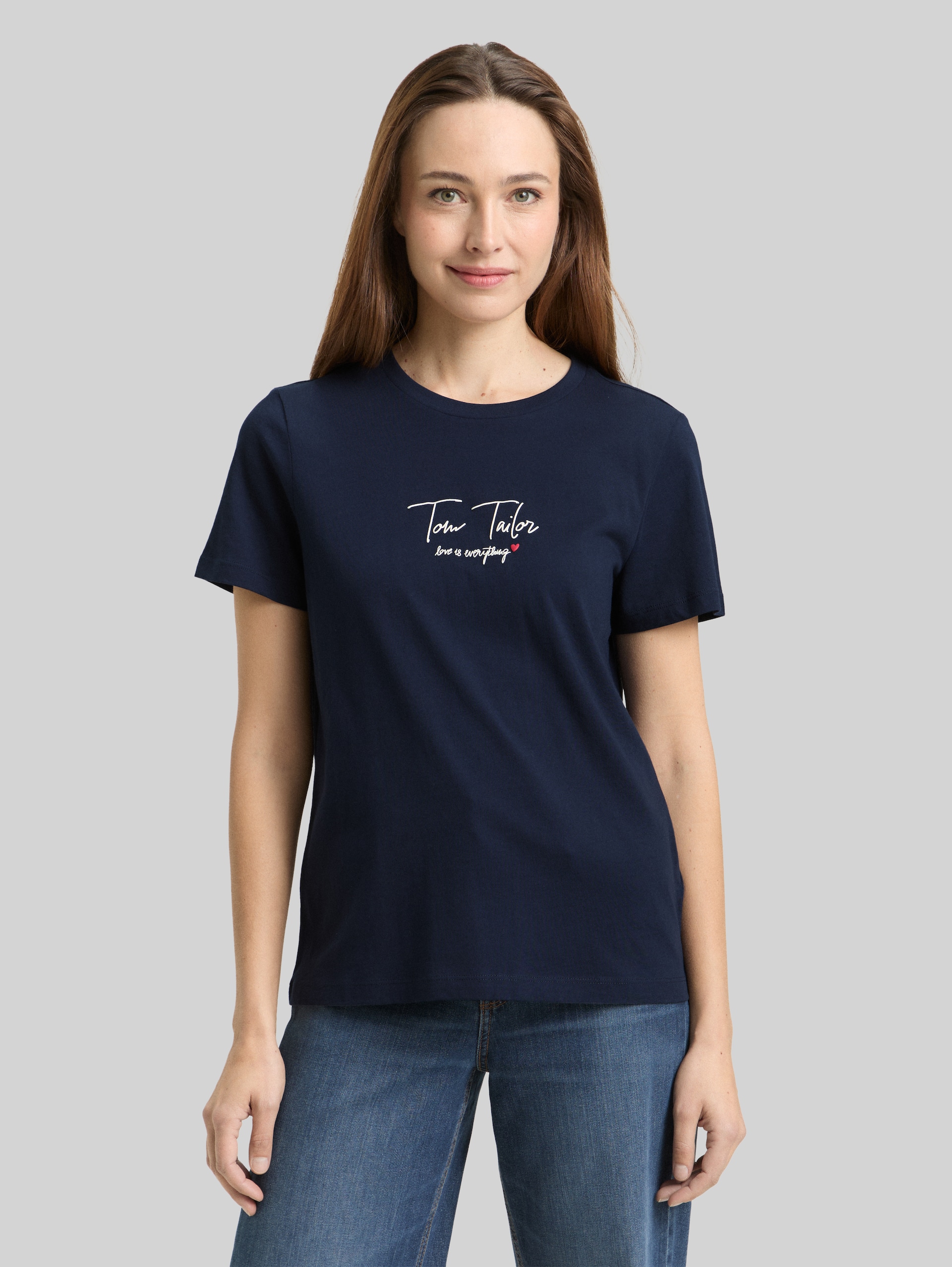 T-shirt with logo print - sky captain blue - Neckline model front view