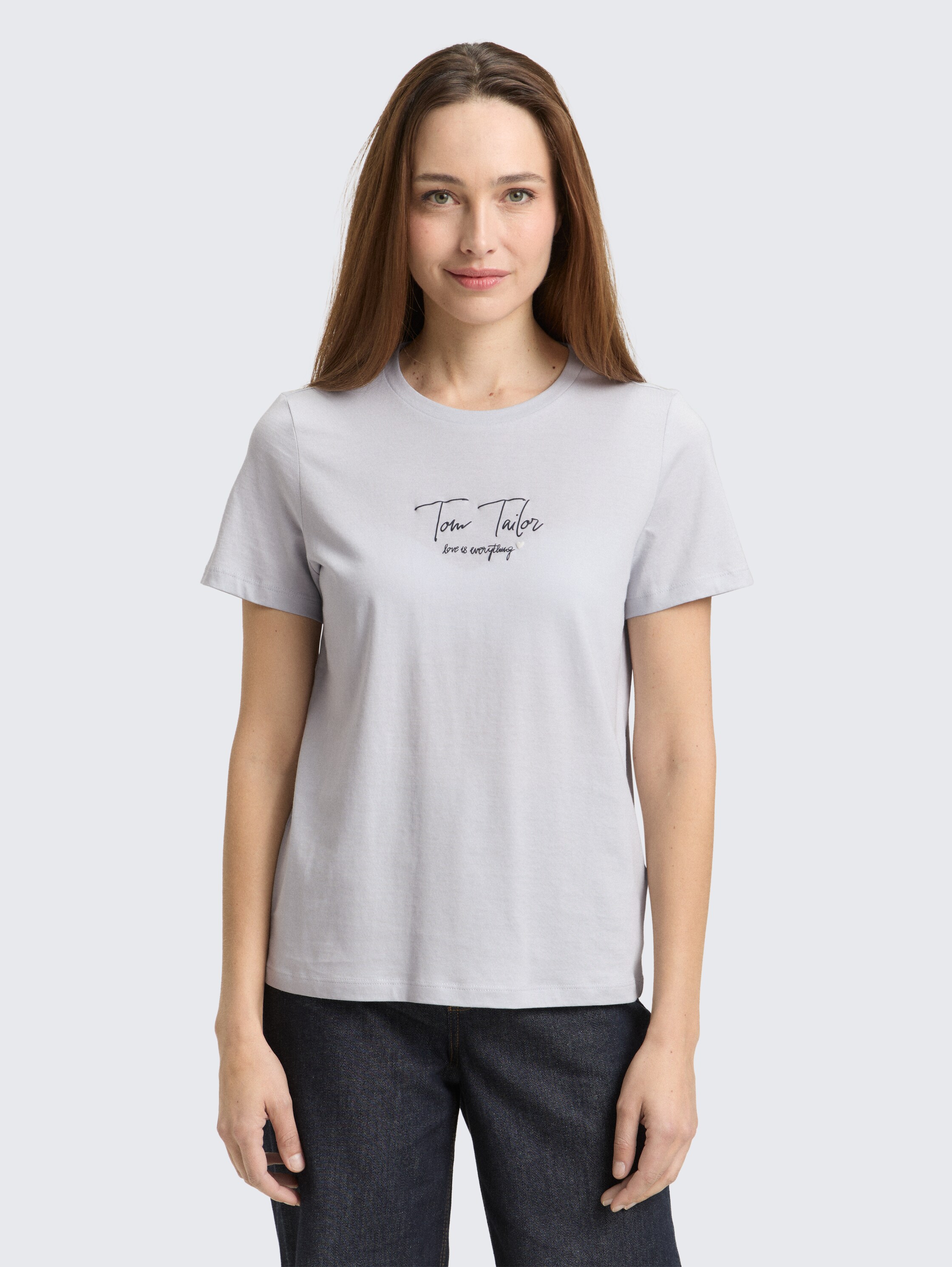 T-shirt met logo-print - soft dusty blue - Nek model vooraanzicht