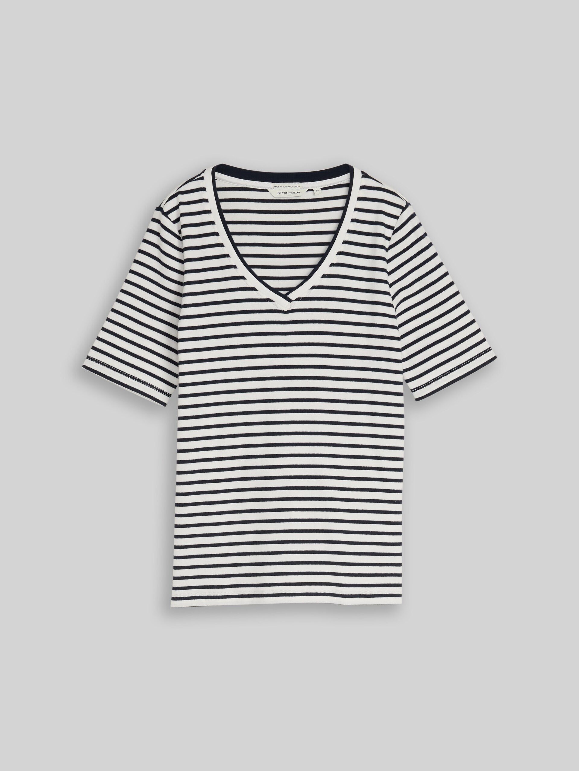 Slim fit T-shirt with V-neck - offwhite navy blue stripe - Front product view