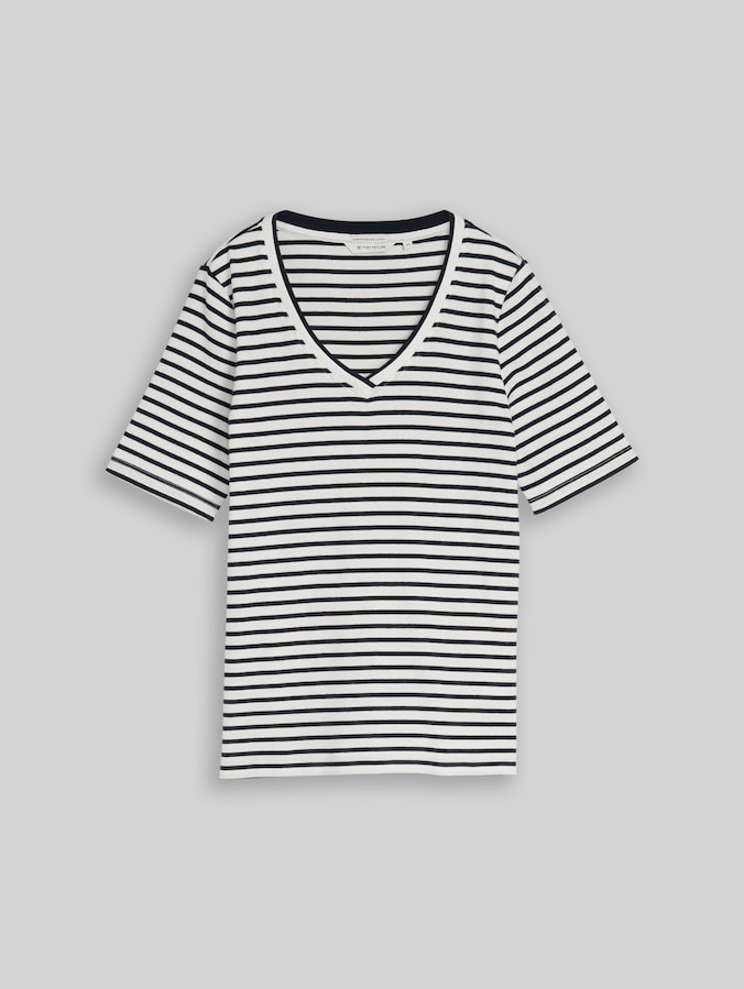 Slim Fit T-Shirt mit V-Ausschnitt von Women, offwhite navy blue stripe